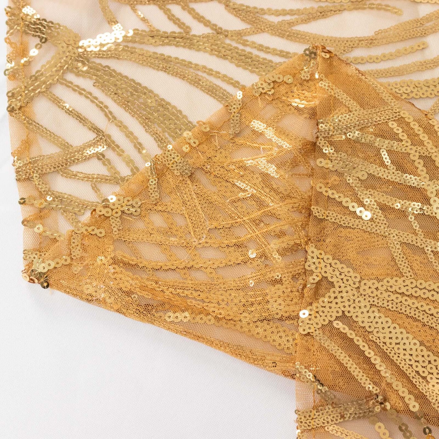 Sequin Mesh 120" Round Tablecloth Gold - Seamless Wave Embroidered Design for Stylish Events