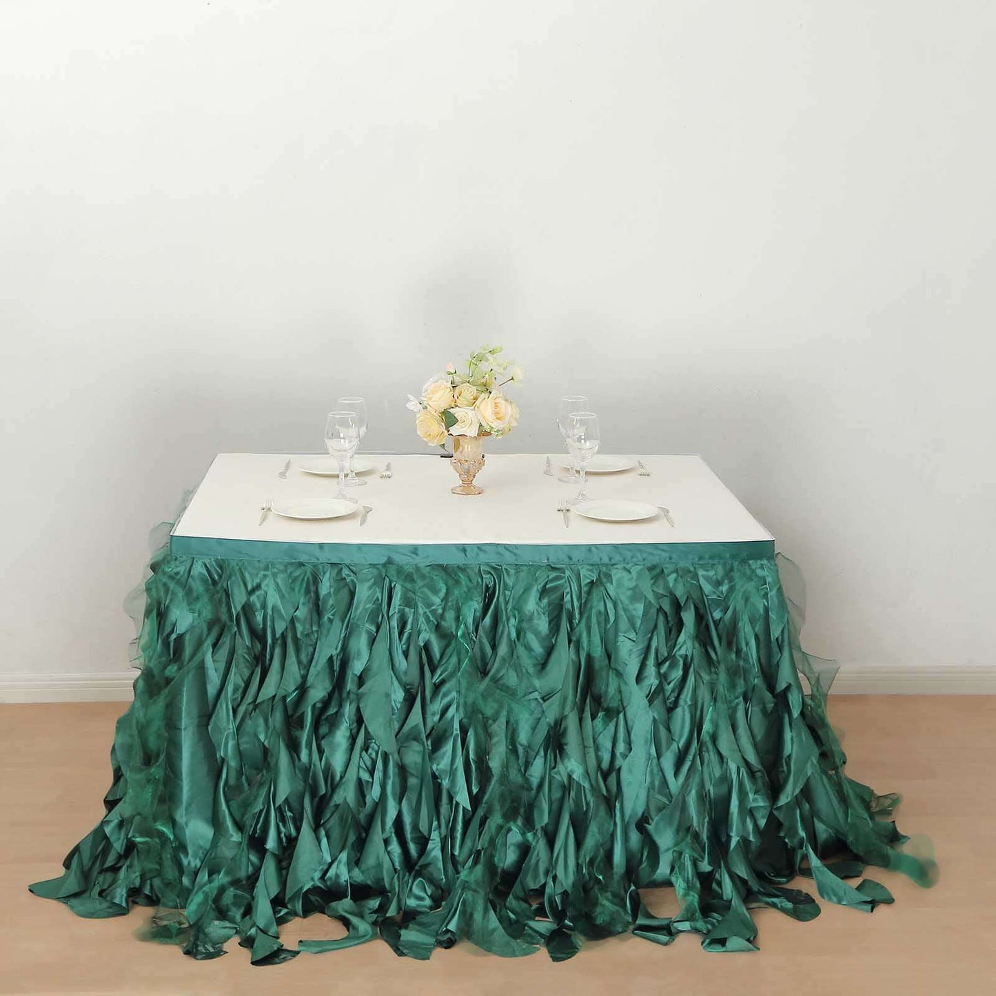 Taffeta 14ft Table Skirt Hunter Emerald Green - Cascading Curly Willow Style Table Cover