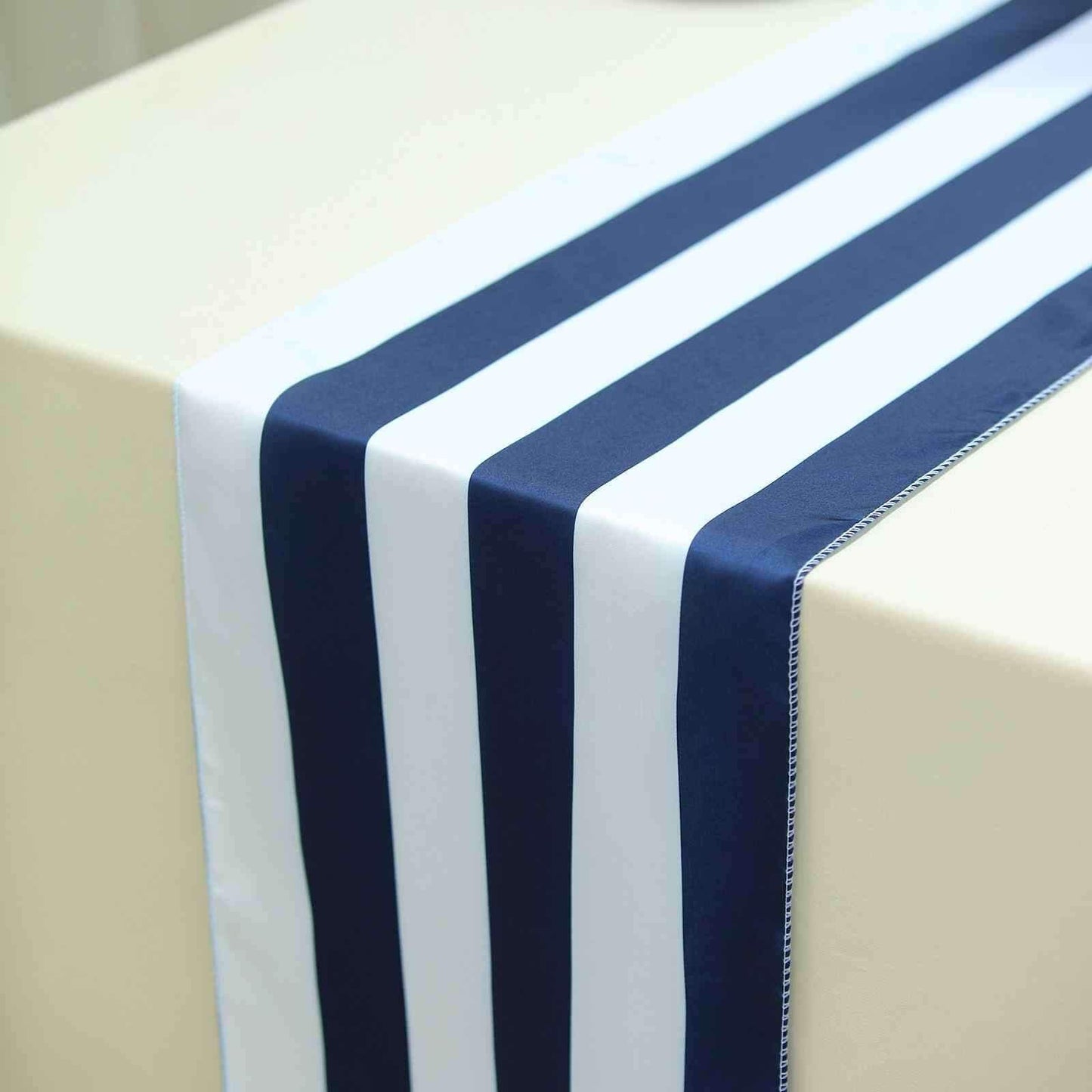 Satin 12"x108" Table Runner Navy Blue/White Stripe - Classic Striped Design