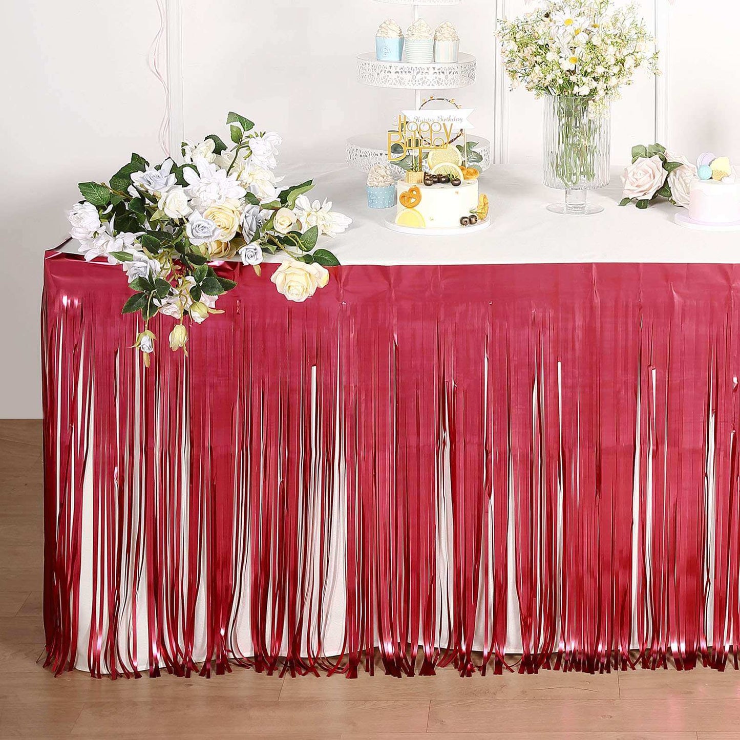 Metallic Foil Fringe Table Skirt Matte Red with Self Adhesive Backing - Durable Tinsel Skirt for Parties 30"x9ft