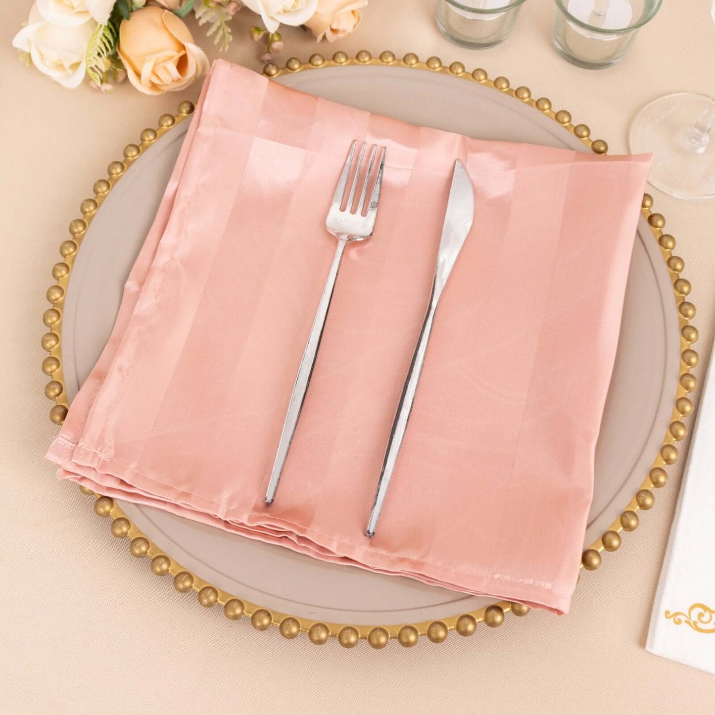 5 Pack Satin 20"x20" Napkins Dusty Rose Glossy Stripes - Durable & Wrinkle-Free Cloth Napkins