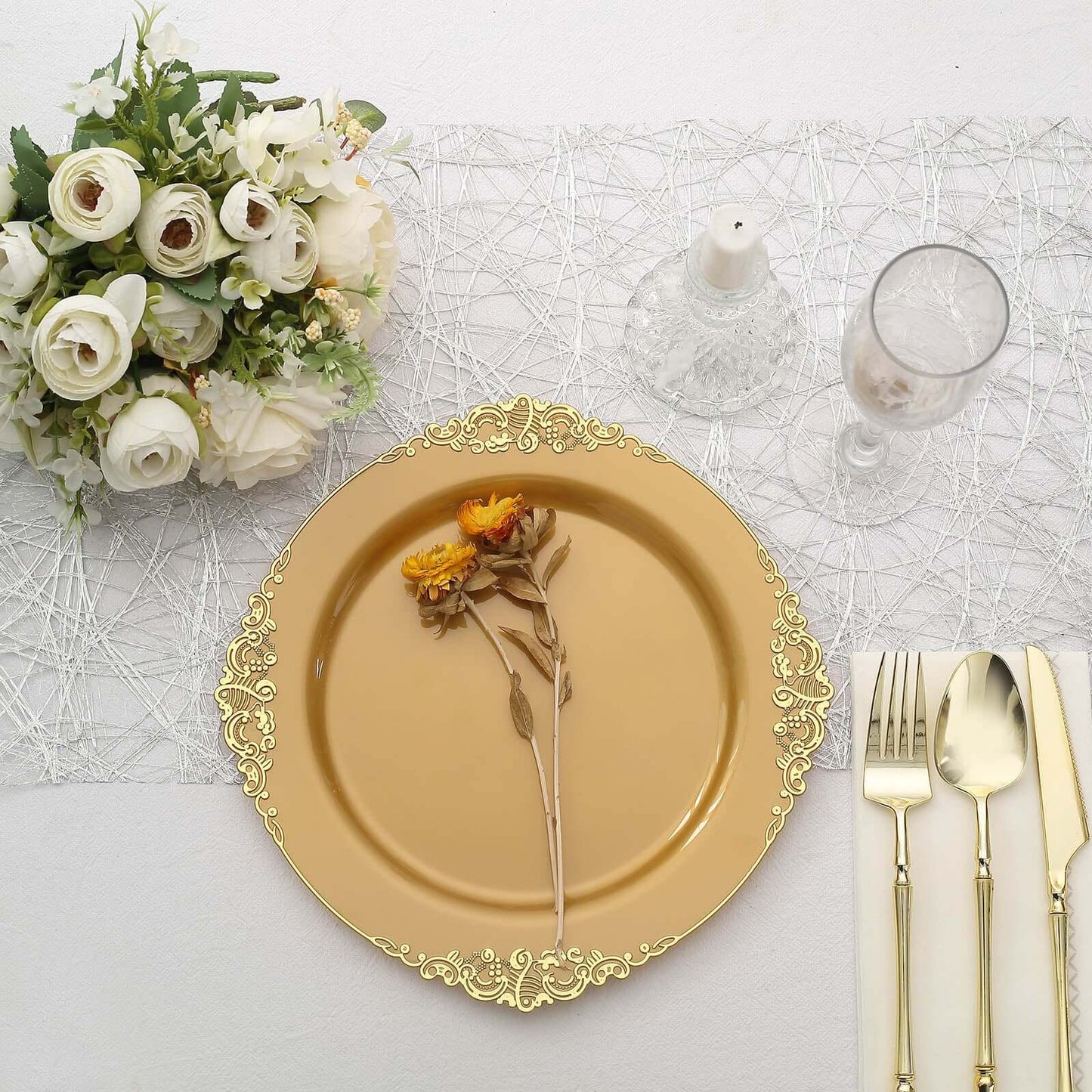 10-Pack Plastic 10" Round Dinner Plates in Gold with Leaf Embossed Rim - Disposable Vintage Baroque Style Plates for Luxurious Gatherings & Events