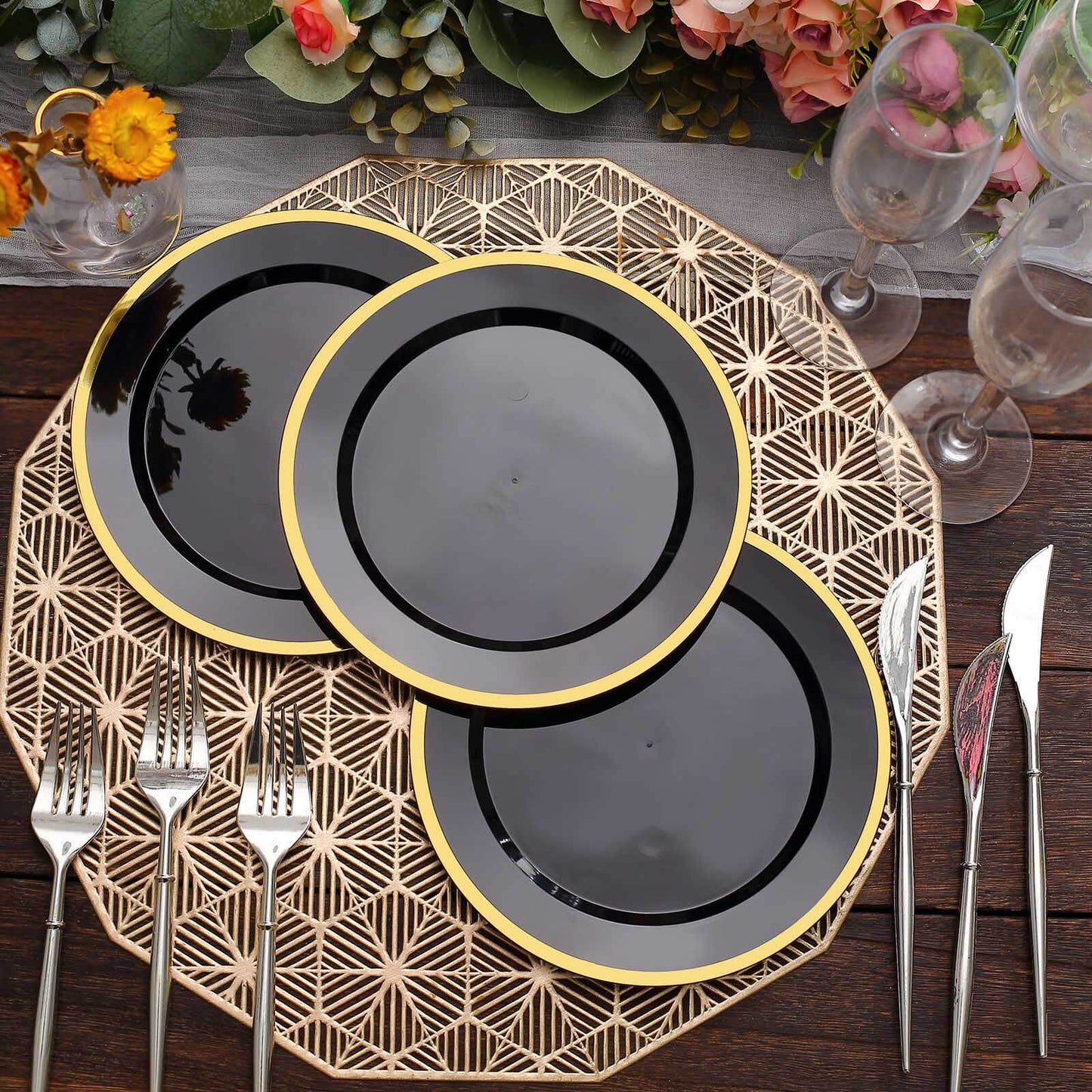 10-Pack Plastic 7" Round Appetizer Plates in Black with Gold Rim - Sleek Disposable Salad Plates for Banquets & Special Occasions