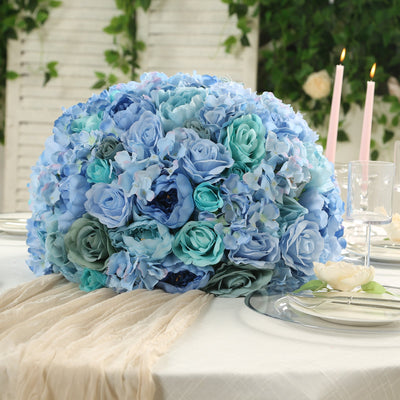 Pre-Arranged Silk Rose Wedding Centerpiece, Blue Artificial Rose Flower Balls Arrangement Table Decor - 20"