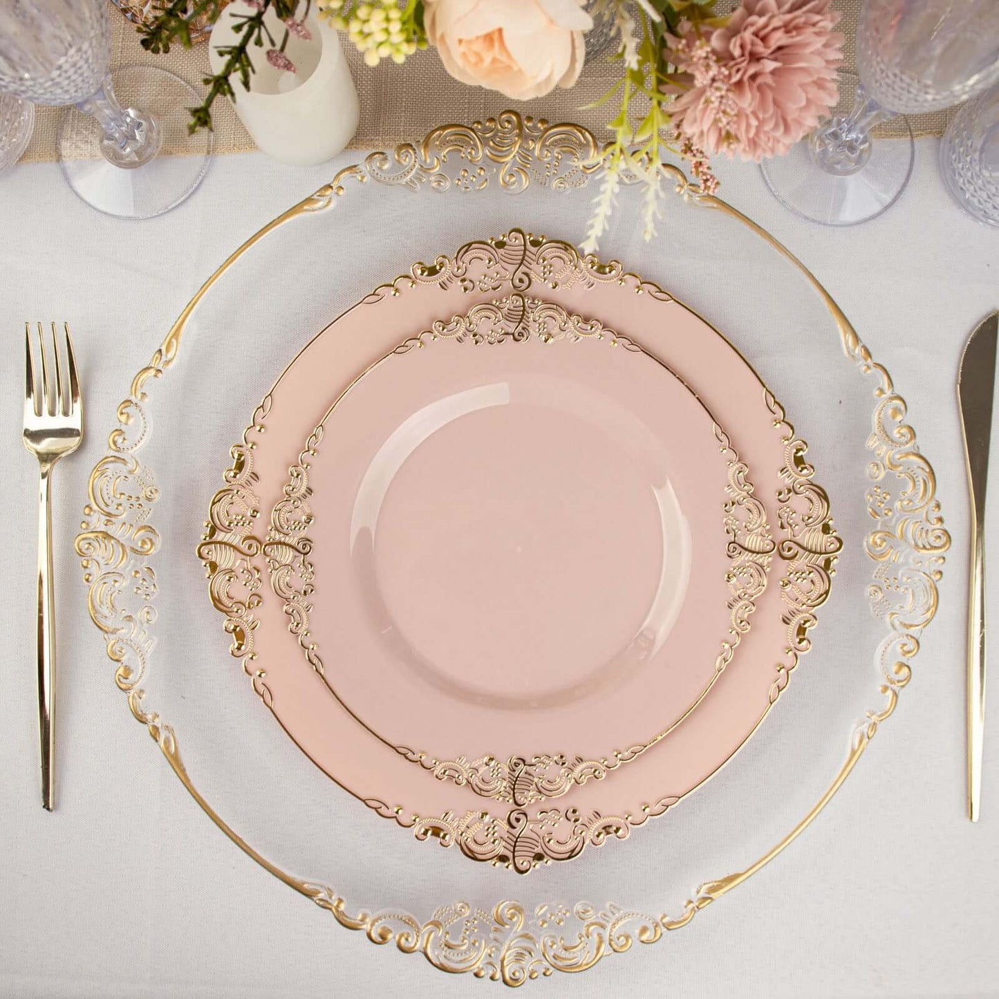 10-Pack Plastic 10" Round Dinner Plates in Blush with Gold Leaf Embossed Rim - Disposable Vintage Baroque Style Plates