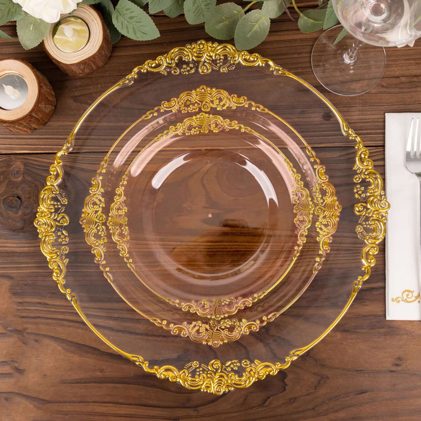 10-Pack Plastic 8" Round Dessert Plates in Transparent Blush with Gold Leaf Embossed Rim - Disposable Vintage Baroque Style Salad Plates