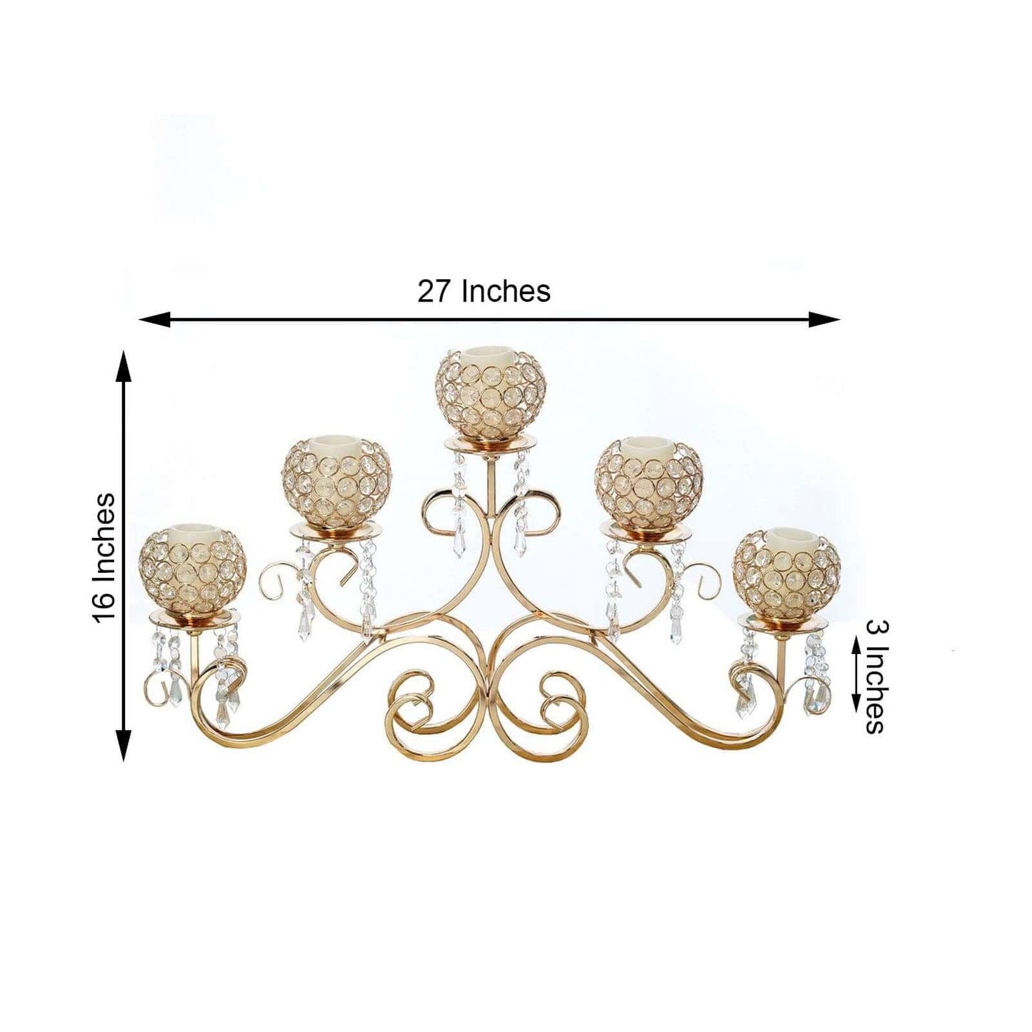 5-Arm Metal Candelabra Horizontal Design with Crystal Goblets Gold - Table Centerpiece for Events 27"