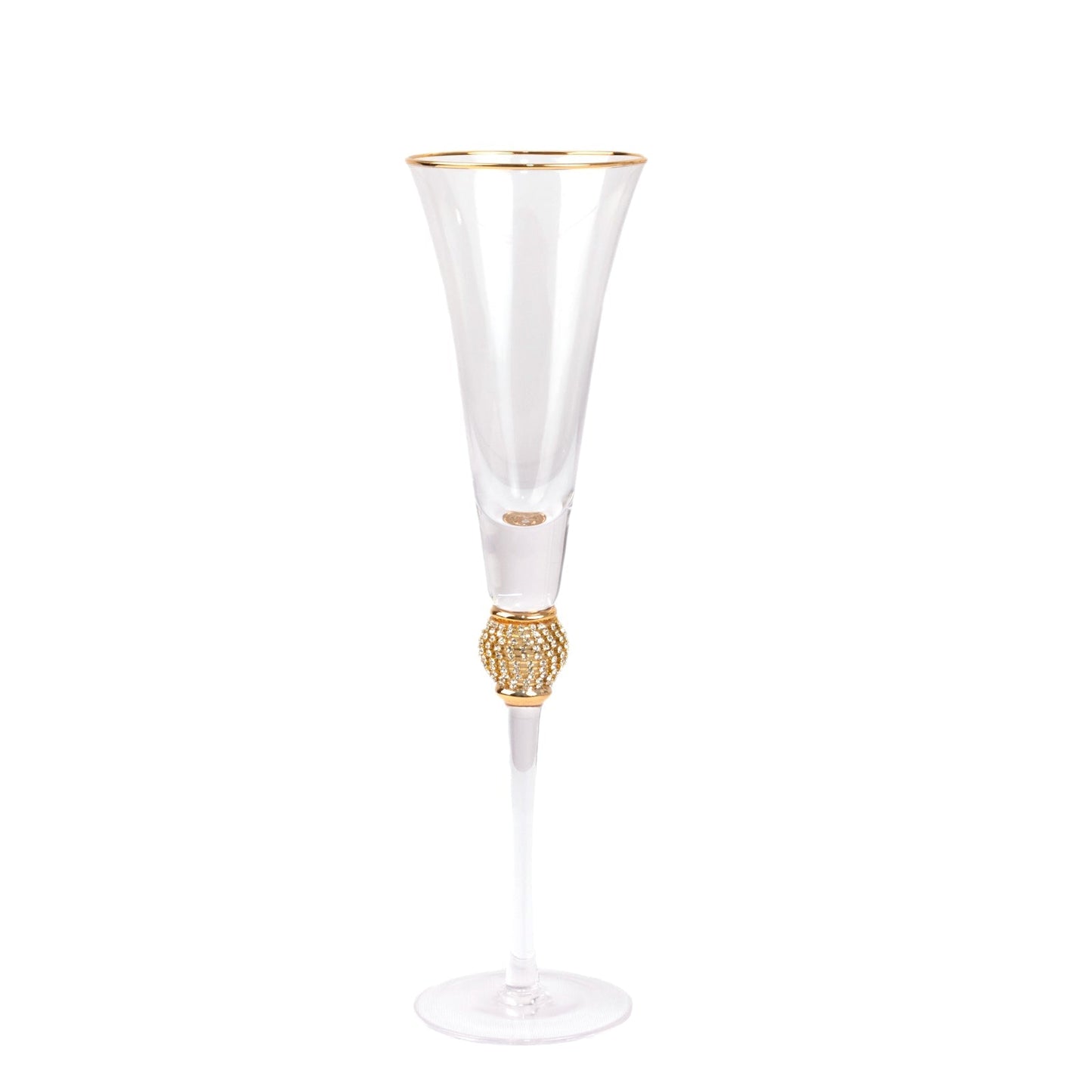 6-Pack Champagne Flute Glasses Clear Gold Rim Design with Studded Rhinestones - Long Stem Crystal Glassware for Wine & Events 6oz 11"