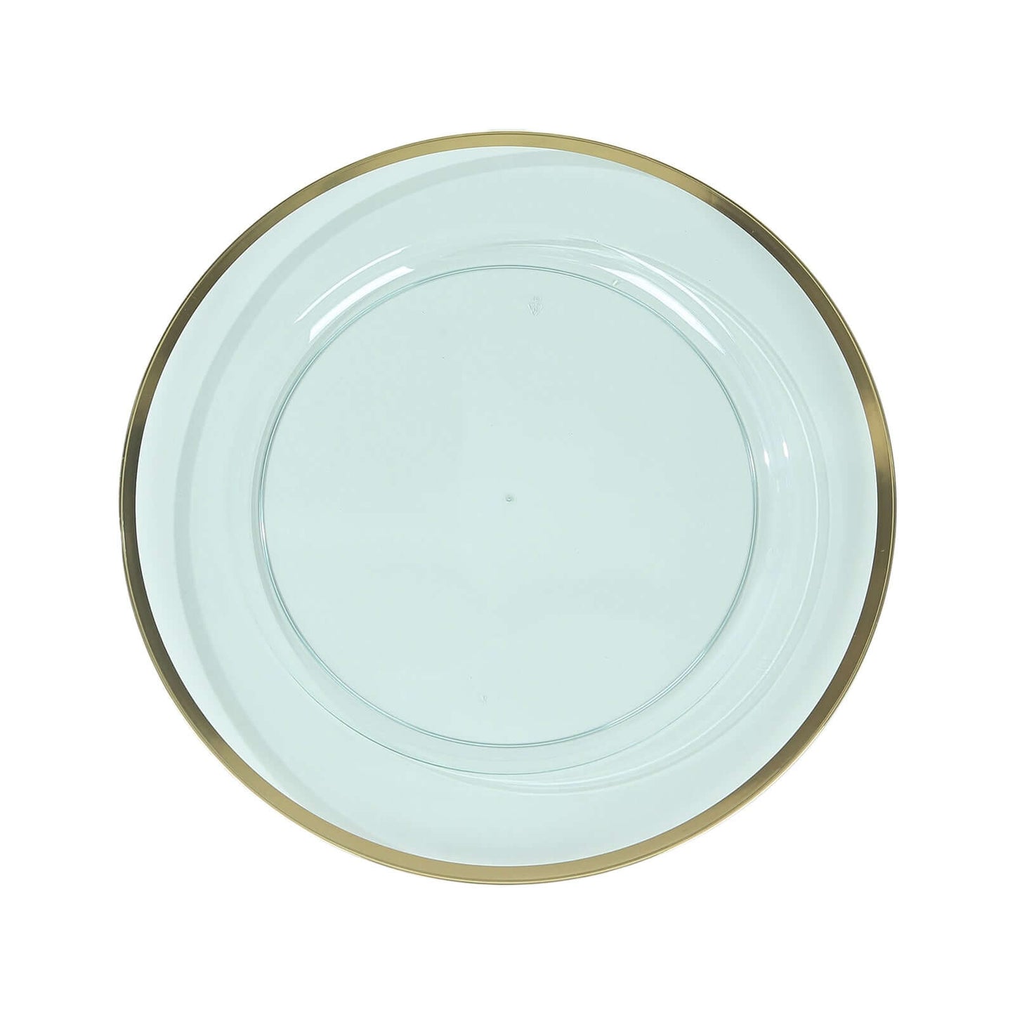 10-Pack Economy Plastic Round Charger Plates 12" in Transparent Blue with Wide Gold Rim, Decorative Dinner Party Serving Plates