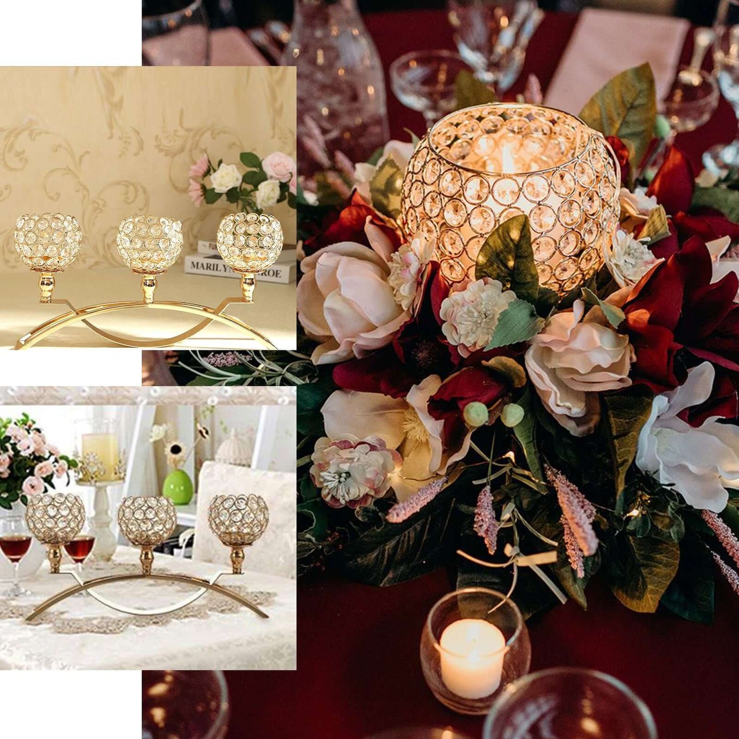 3-Arm Arch Bridge Candelabra Gold with Crystal Beads - Chic Table Centerpiece for Events 16"