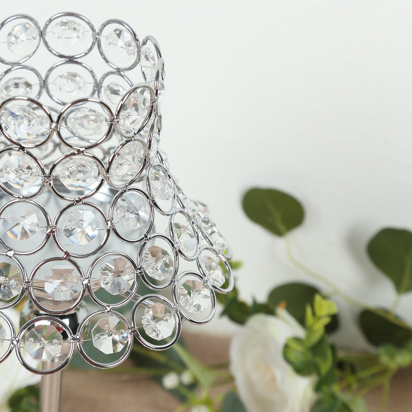 2 Pack Crystal Beaded Candle Holders â€“ 12" Tall Silver Metal Centerpieces with Lamp-Inspired Shade for Tables & Events