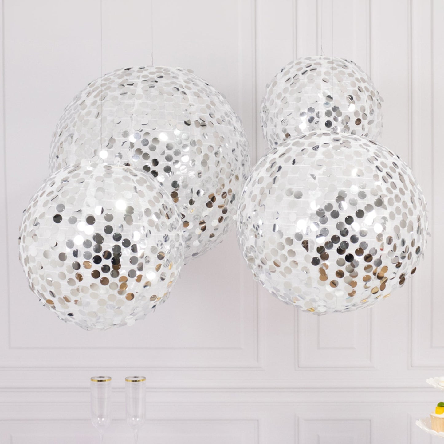 Set of 4 Glitter Silver Payette Sequin Hanging Lanterns, Large Decorative Round Foldable Fabric Chinese Lantern Lampshades - 12",14",16",20"
