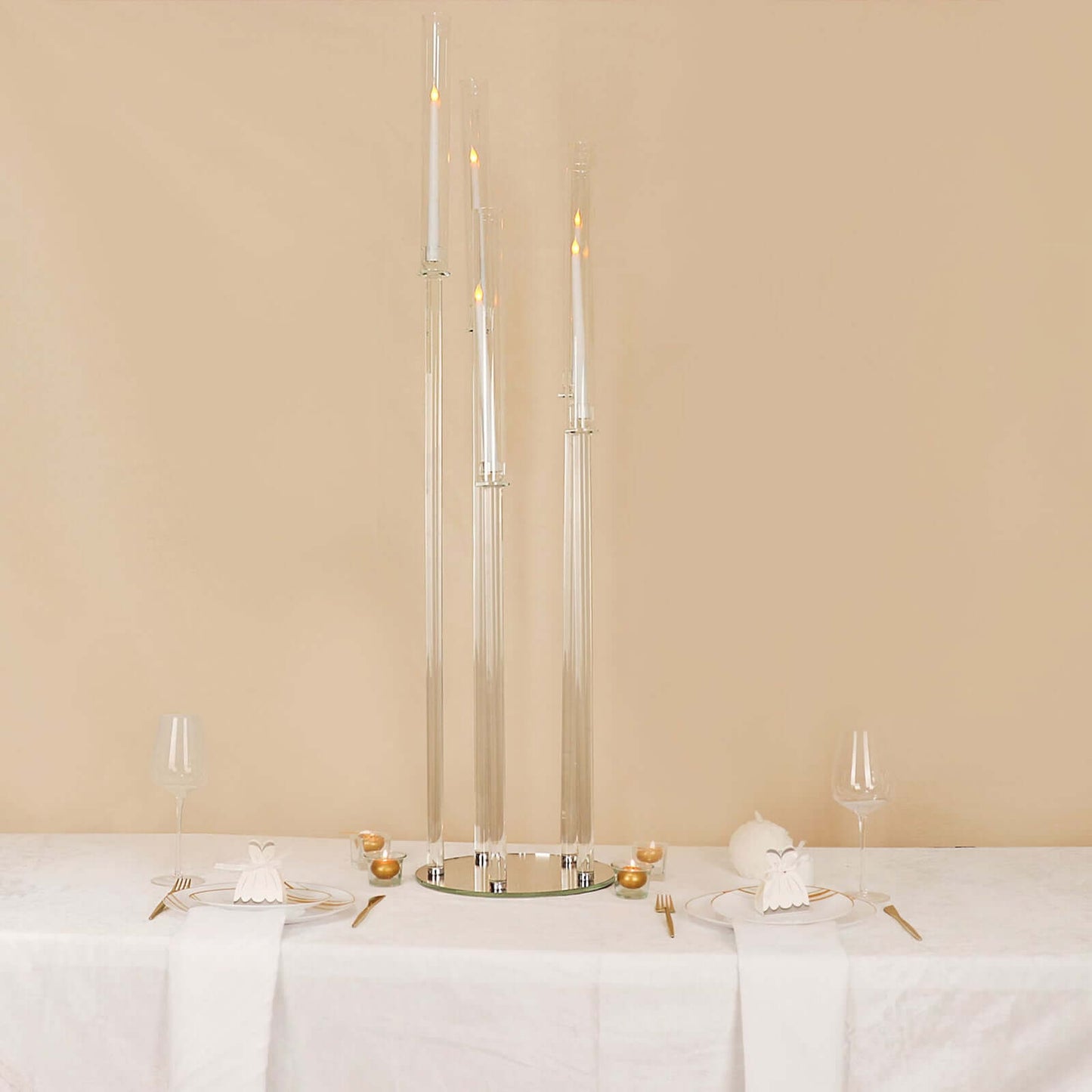 5-Arm Round Cluster Crystal Candelabra Clear with Mirror Base - Radiant Candle Holder Table Centerpiece for Votive & Pillar Candles 51"