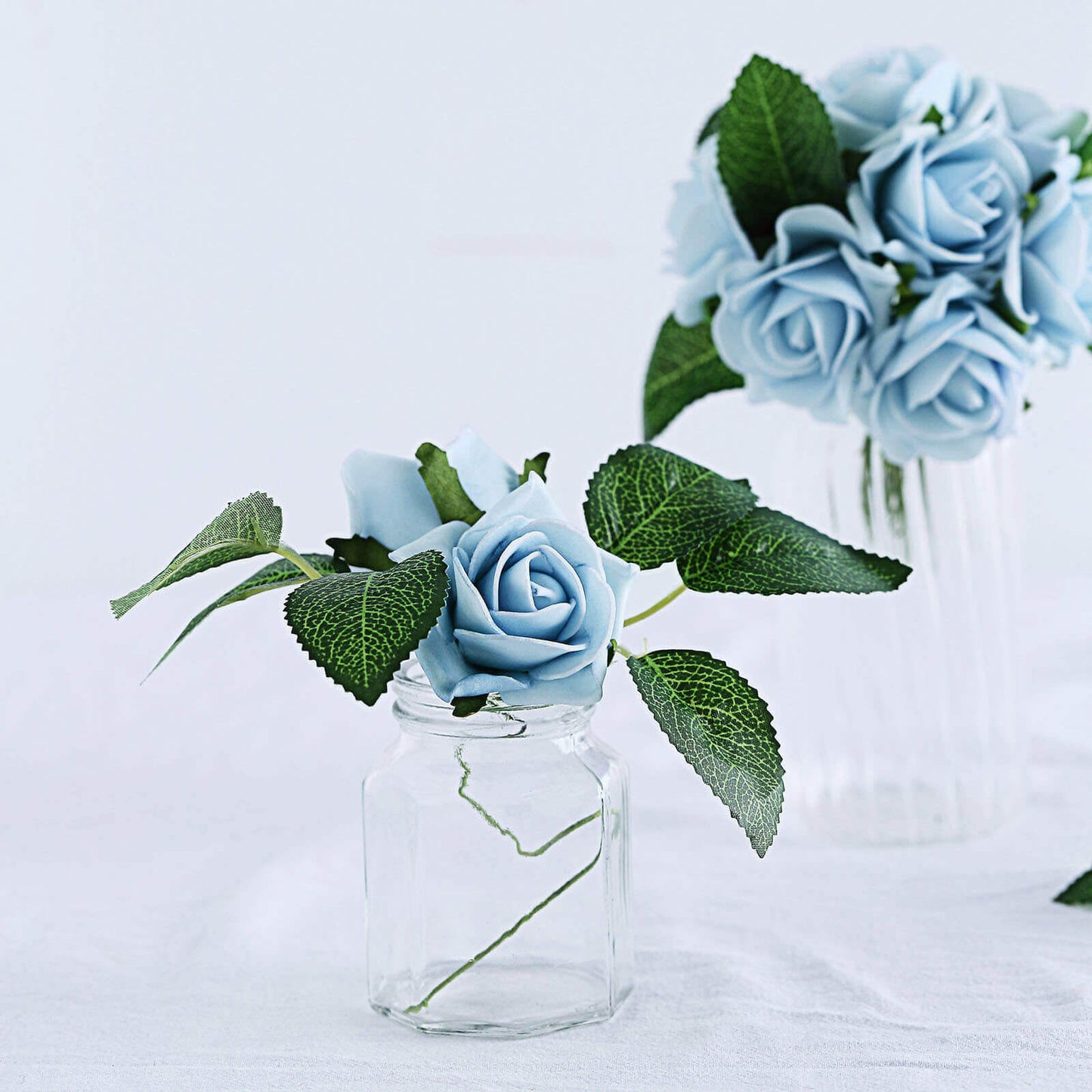 24 Roses 2" Dusty Blue Artificial Foam Flowers With Stem Wire and Leaves