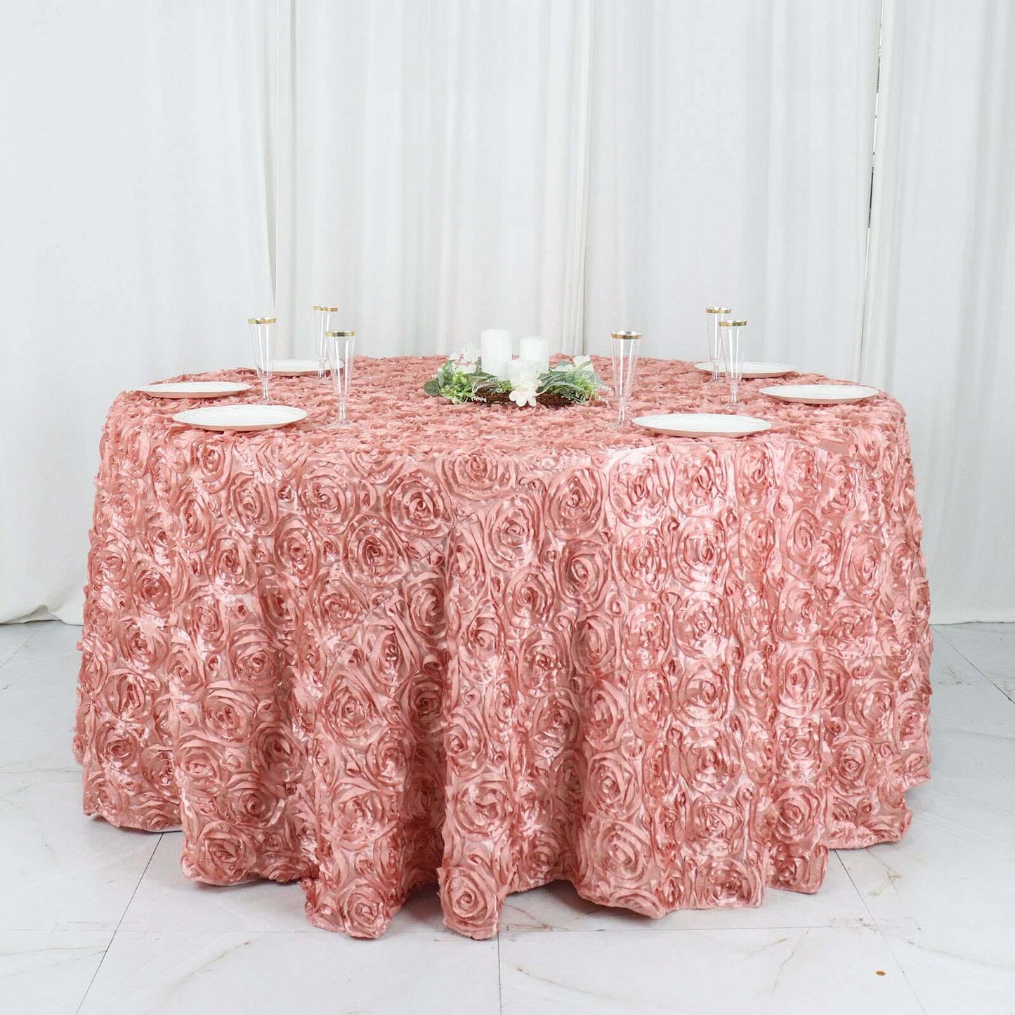 Satin 120" Round Tablecloth Dusty Rose - Grandiose 3D Rosette with Seamless Finish Table Cover