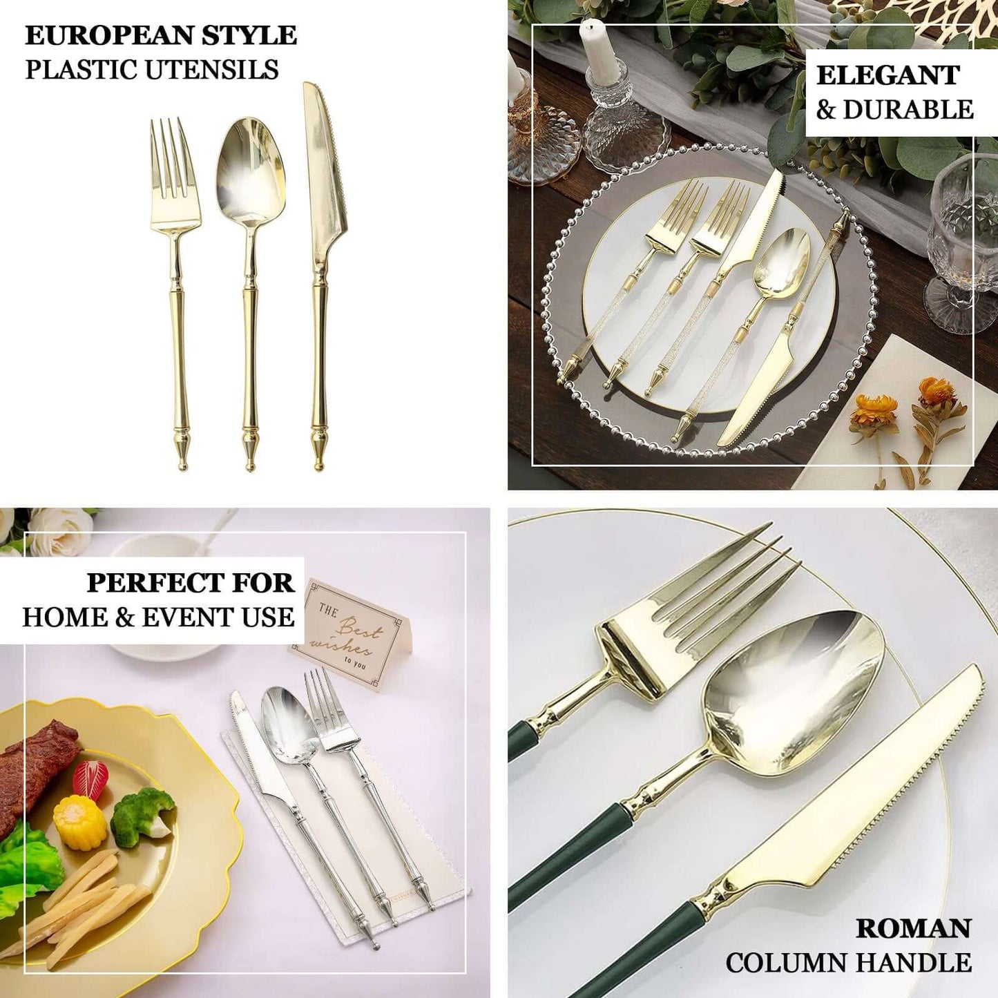 24-Pack Plastic Forks with Roman Column Handle Gold/Brown - European Style Disposable Utensils 8"