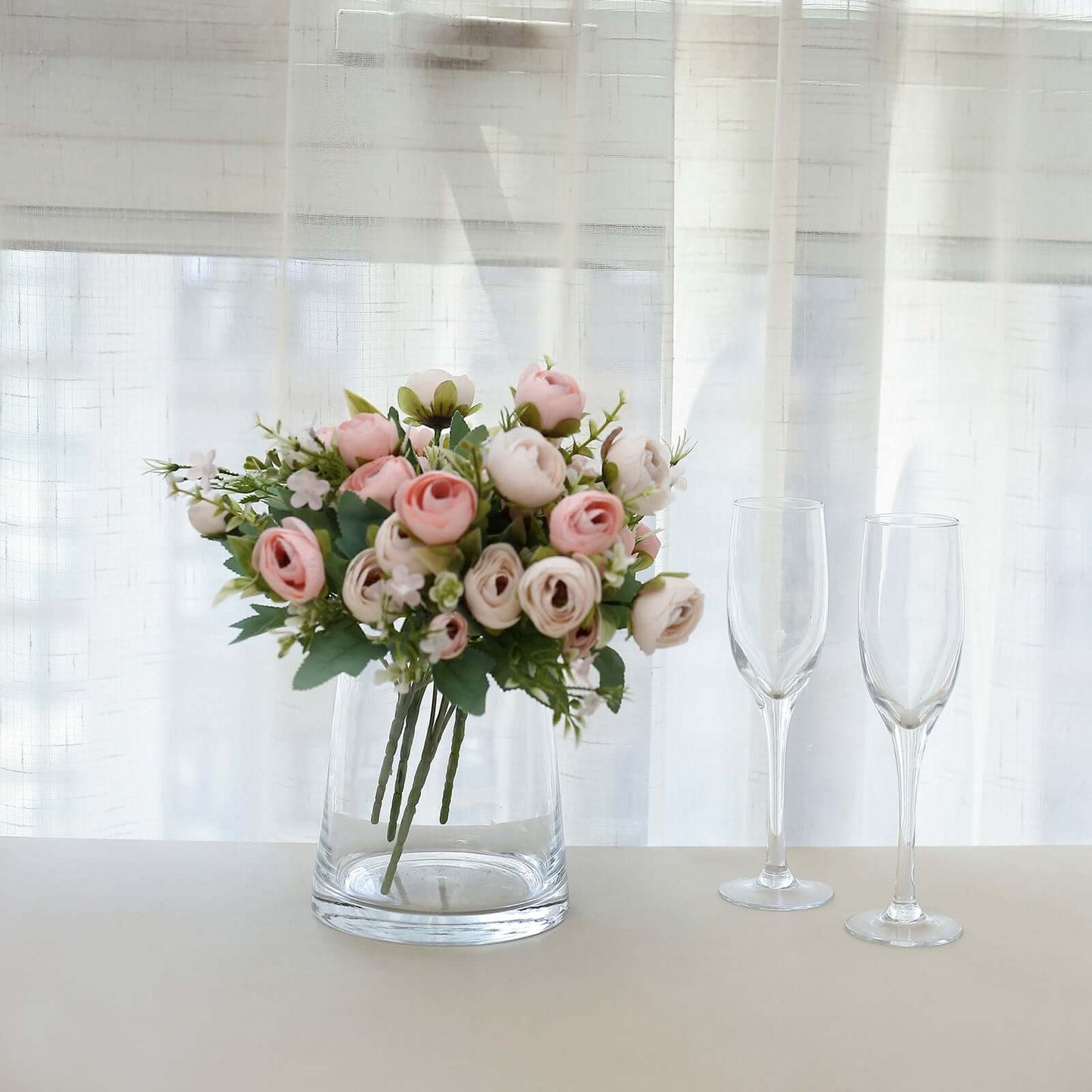 4 Pack 12" Artificial Blush Ranunculus Silk Flower Bridal Bouquets, Faux Buttercup Floral Arrangement