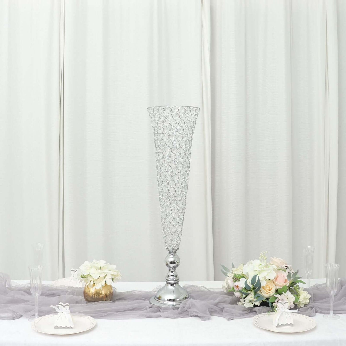 2-Pack Crystal Beaded Trumpet Vase Silver - Exquisite Floral Display Centerpiece Stand Set for Banquets & Receptions 28" Tall