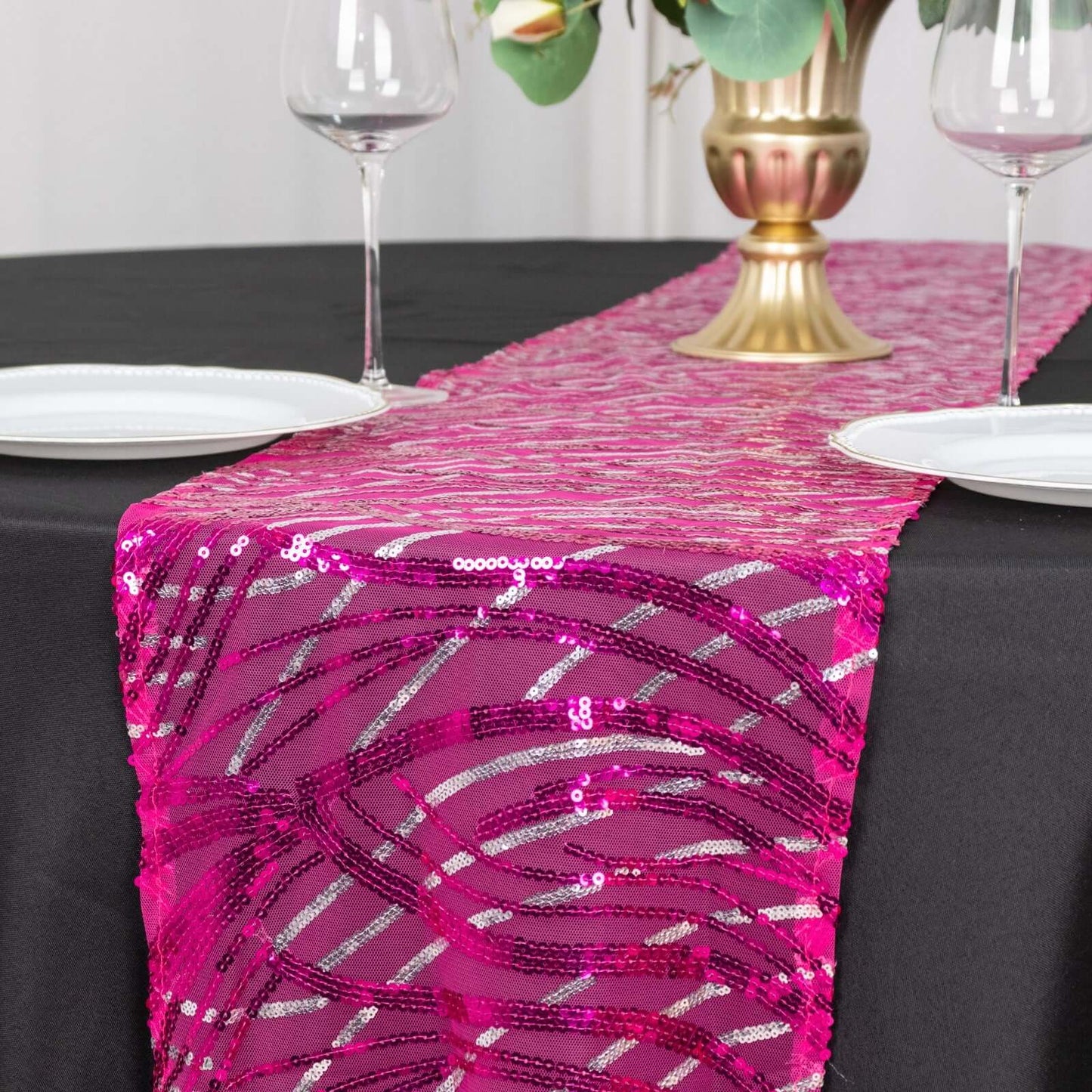 Sequin Mesh 12"x108" Table Runner Fuchsia Stylish Wave Embroidery