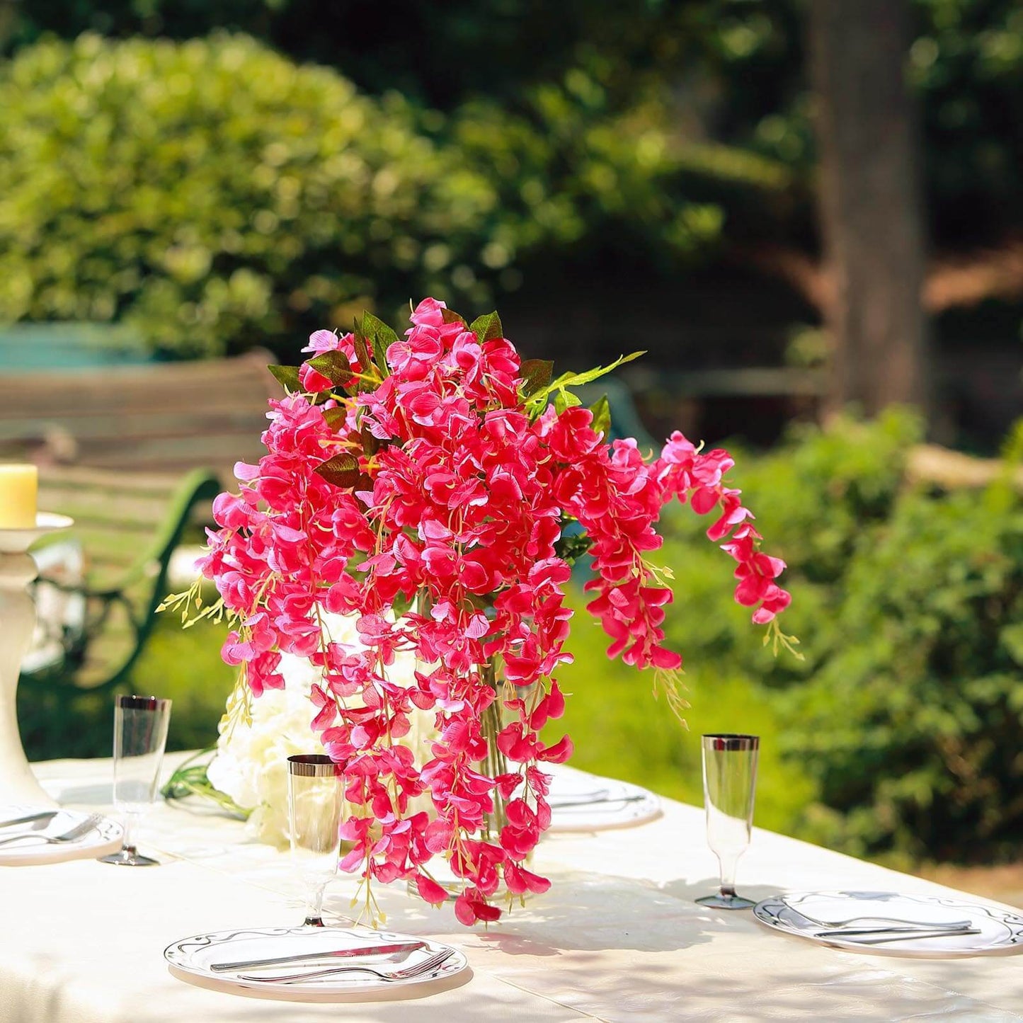 5 Pack 44" Silk Hanging Wisteria Flower Garland Vines in Fuchsia, 3 Strands in 1 Bush