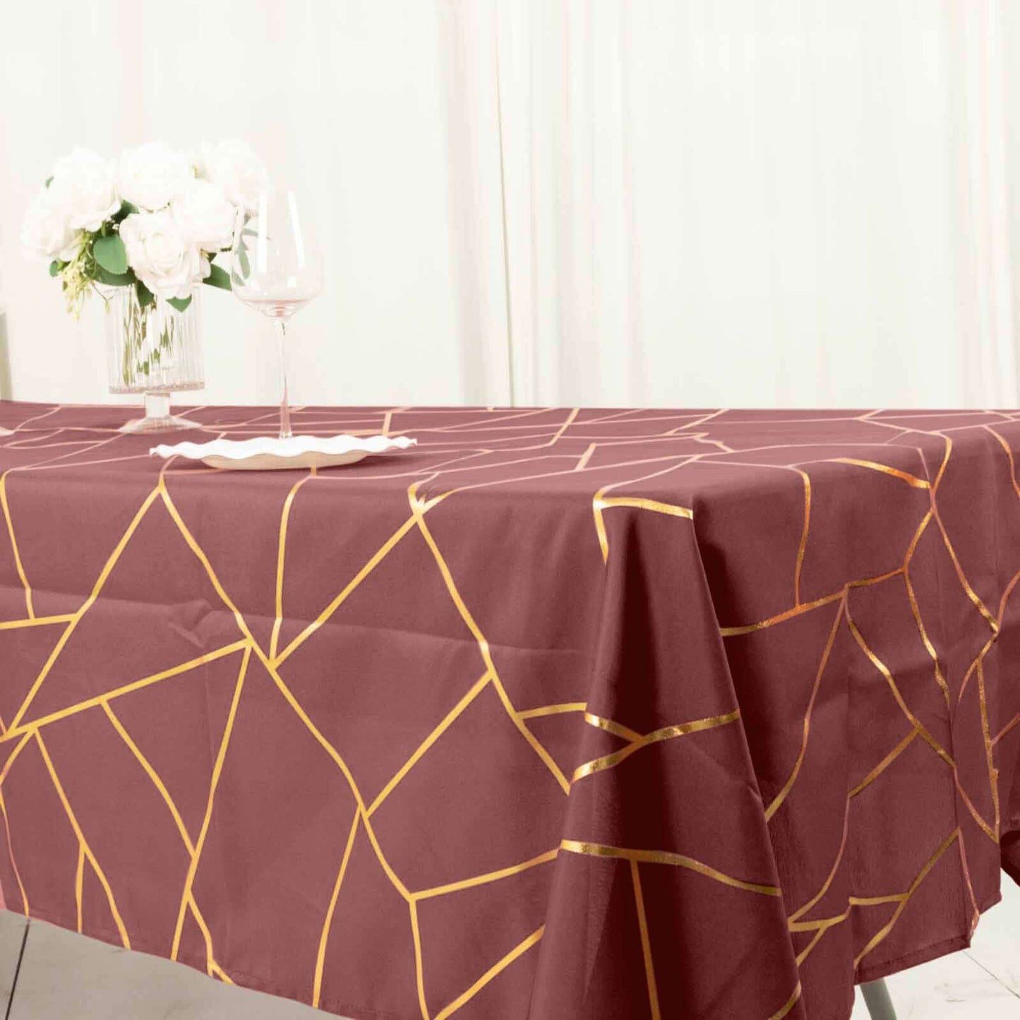Polyester 60"x102" Rectangle Tablecloth Cinnamon Rose with Gold Foil Geometric Pattern - Wrinkle-Resistant & Durable Table Cover