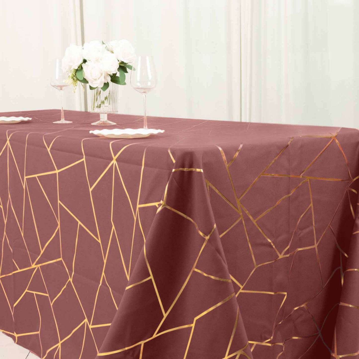 Polyester 60"x132" Rectangle Tablecloth Cinnamon Rose with Gold Foil Geometric Pattern - Wrinkle-Resistant and Durable Table Cover for Weddings & Events
