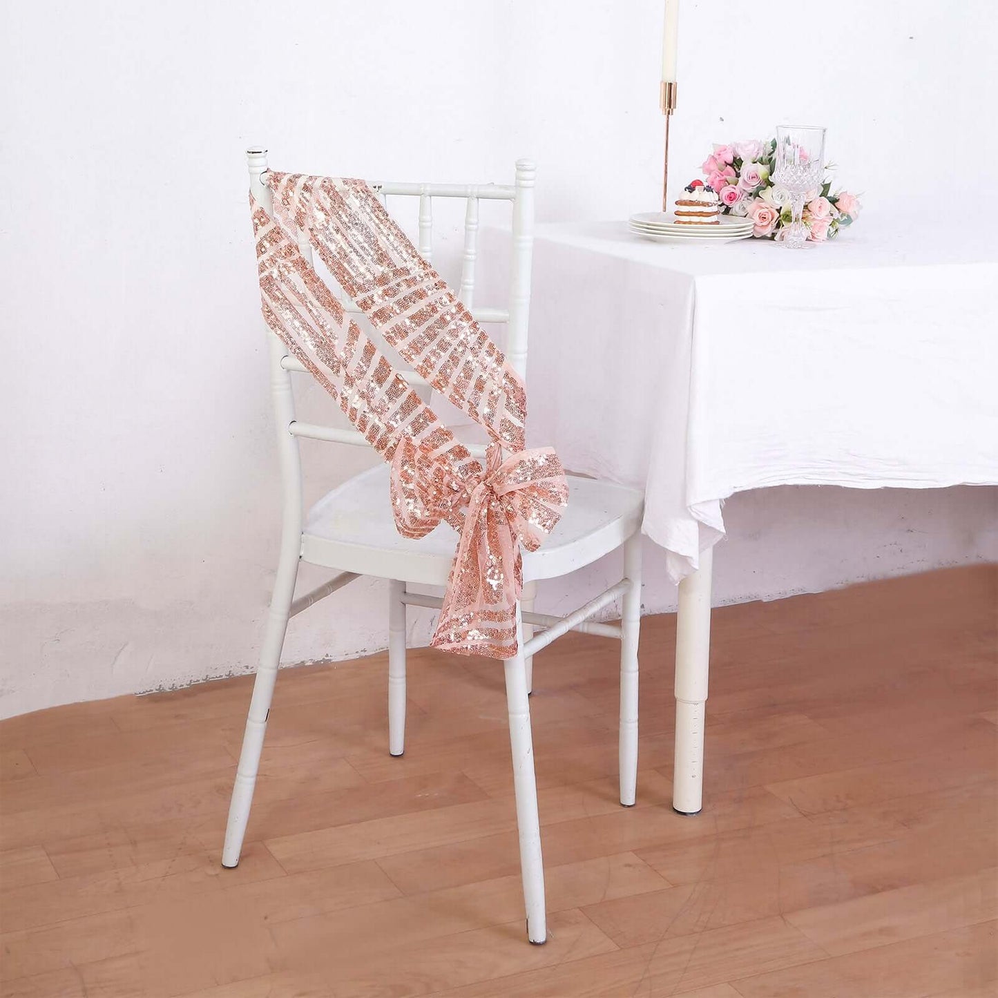 5 Pack Glitz Sequin Chair Sashes with Geometric Diamond Design 6"x88" Rose Gold