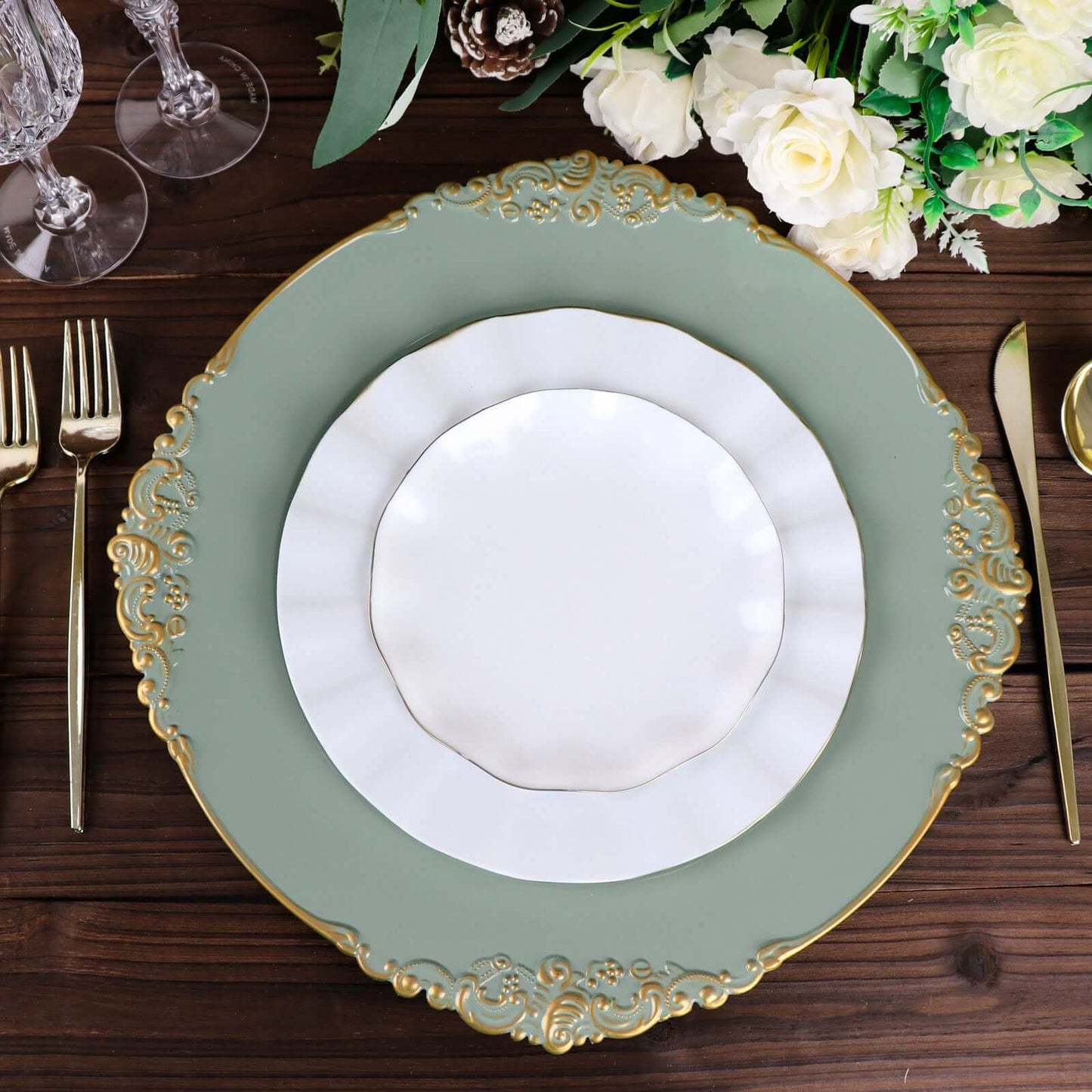 6-Pack Acrylic Round Charger Plates 13" in Dusty Sage Green with Gold Embossed Baroque Rim, Antique Decorative Dinner Party Charger Tableware