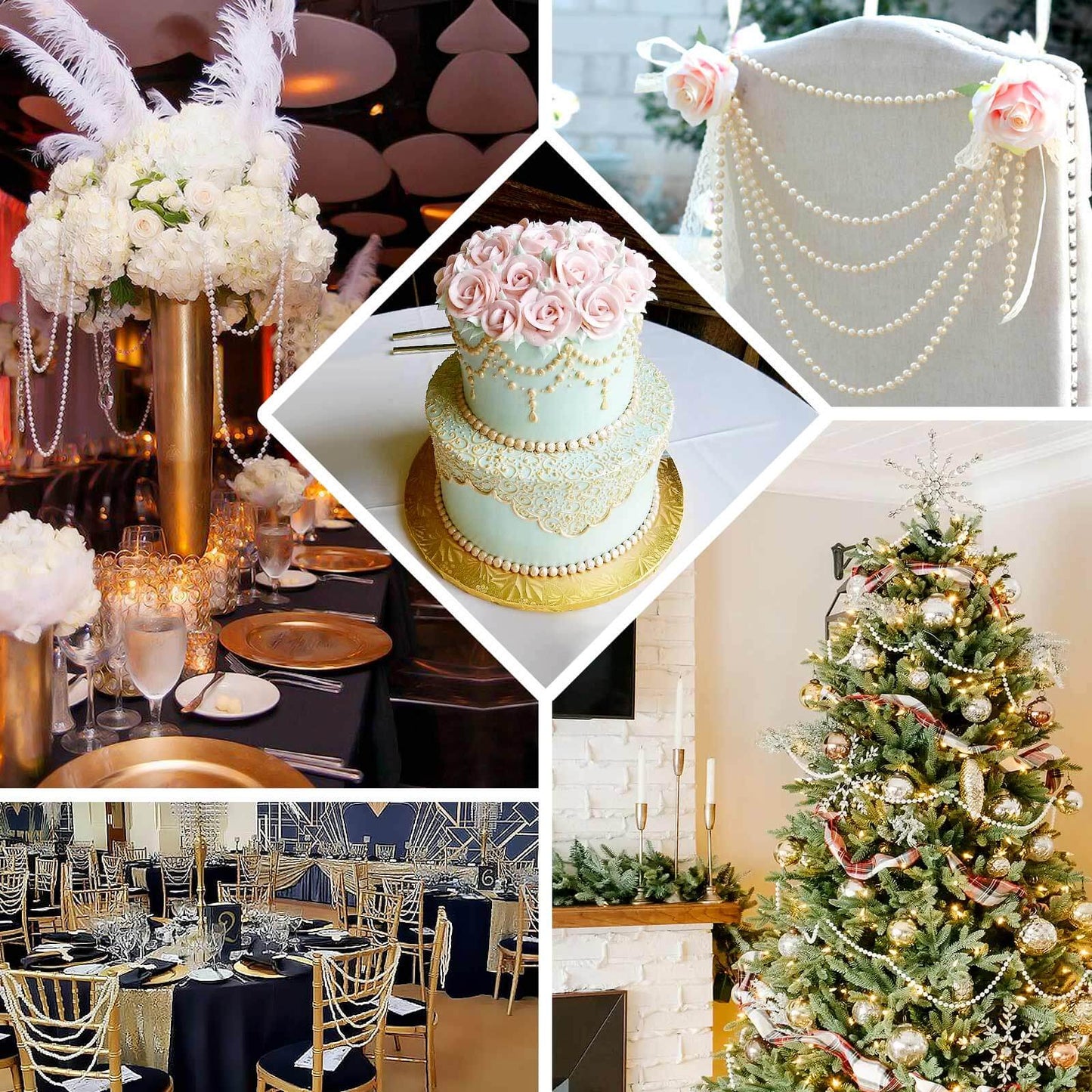 Faux Pearl Beaded 16" Chair Back Garland Sash Gold Gatsby-Inspired Style - Pre-Tied Chic Wedding Decor for Chiavari Chairs