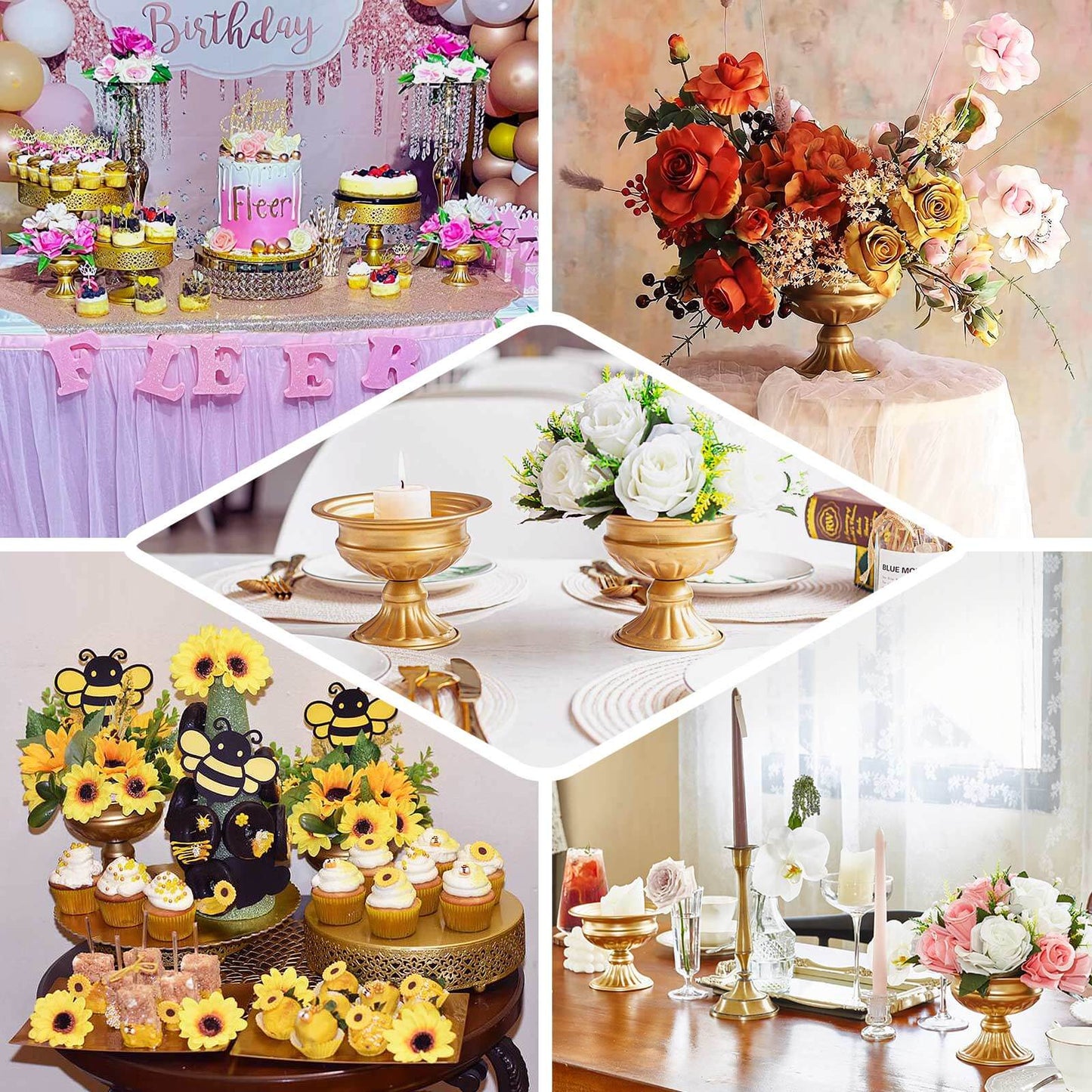 2-Pack Metal Pedestal Flower Vases Wine Goblet Style Gold - Antique Mini Compote Vase for Refined Wedding Centerpieces 4"