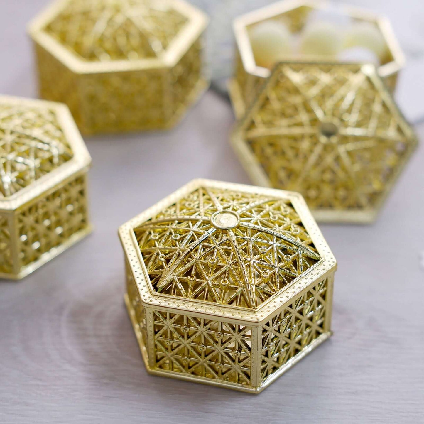 12-Pack Vintage Hexagon Gift Box Candy Containers Gold - Stylish Hollow Favor Boxes for Jewelry 3"