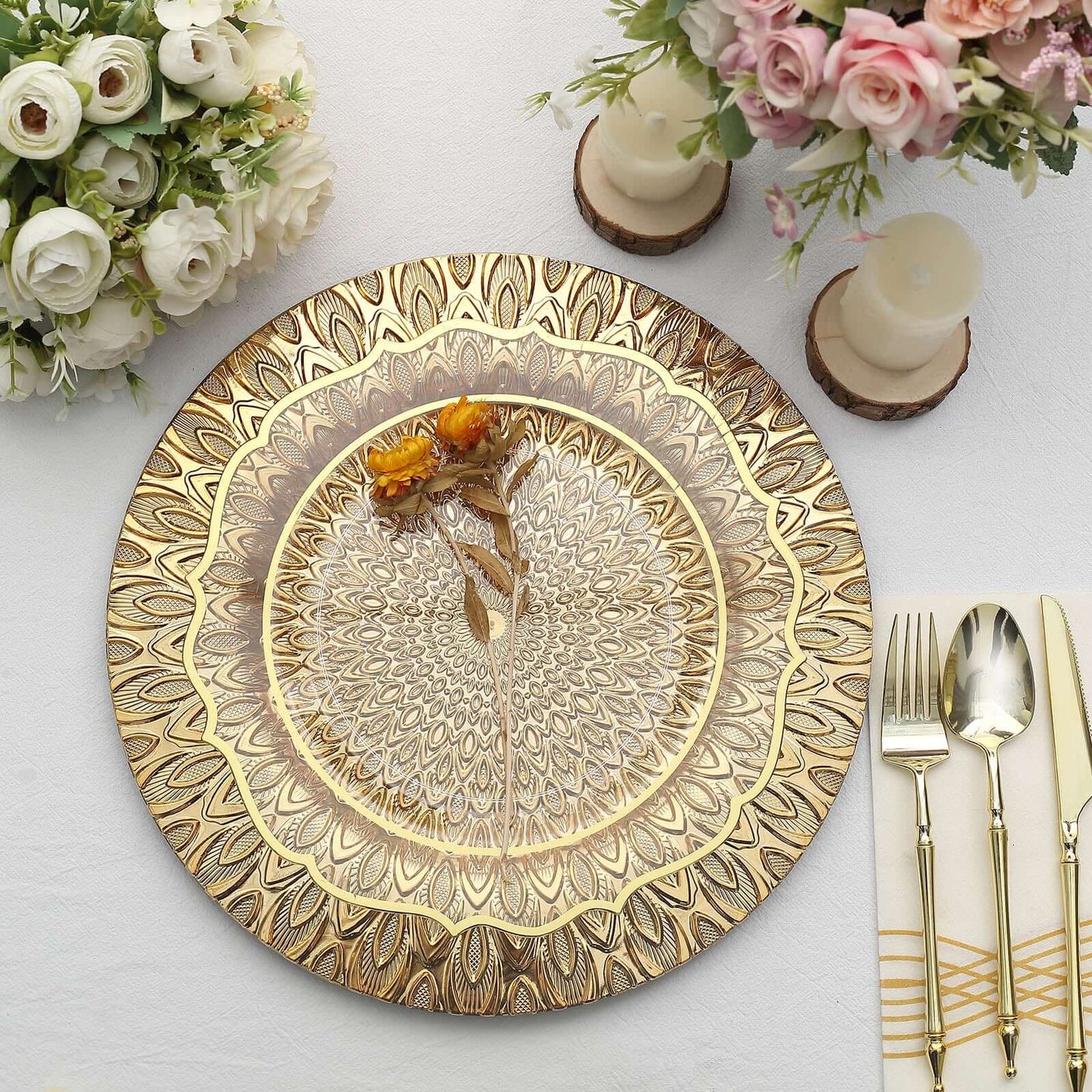 6-Pack Plastic Round Charger Plates 13" in Gold with Embossed Peacock Pattern, Stylish Disposable Charger Tableware