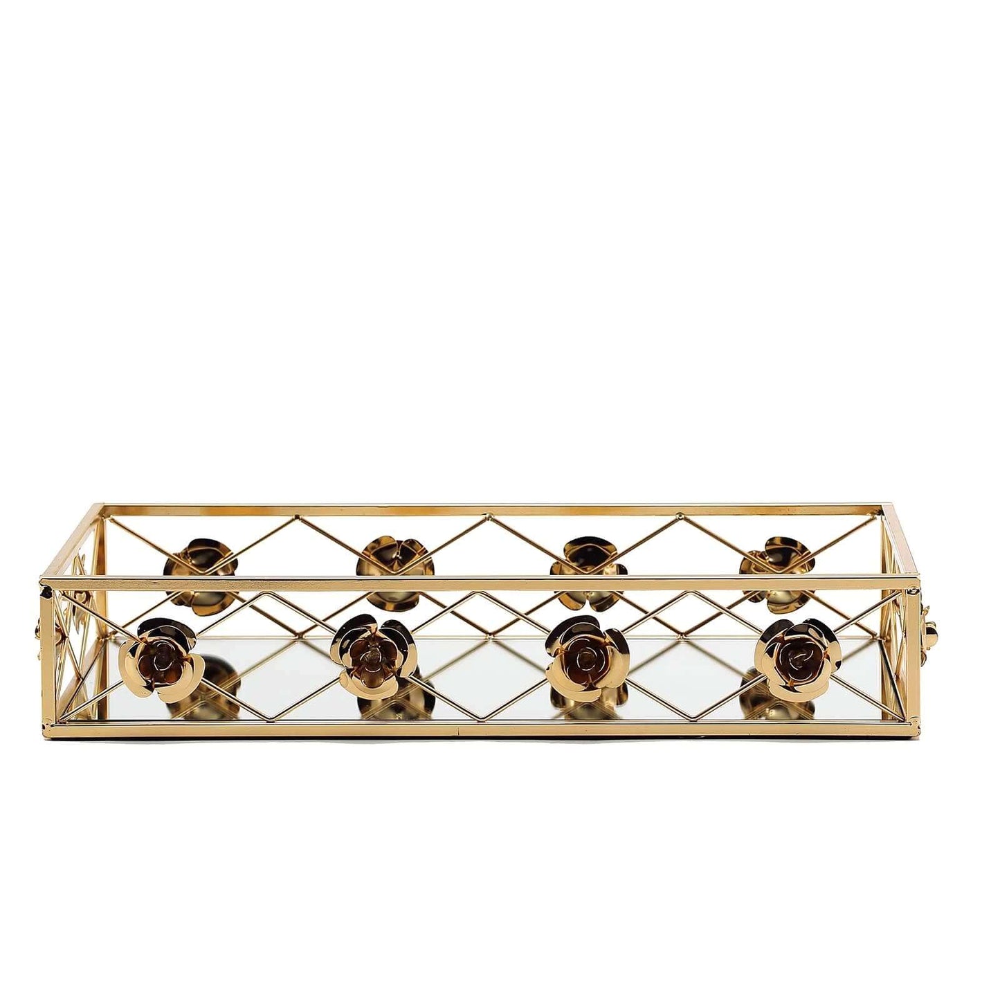 Set of 2 Metal Mirrored Rectangle Serving Trays in Gold with Rose Borders, Glamorous Decorative Vanity Tray Centerpiece 15"x8", 19"x12"