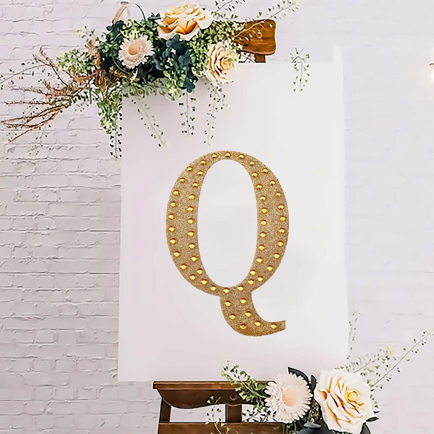 Decorative Rhinestone Alphabet "Q" Letter Stickers, Glitter Adhesive Craft Letters Gold DIY Sparkle Embellishments 8"