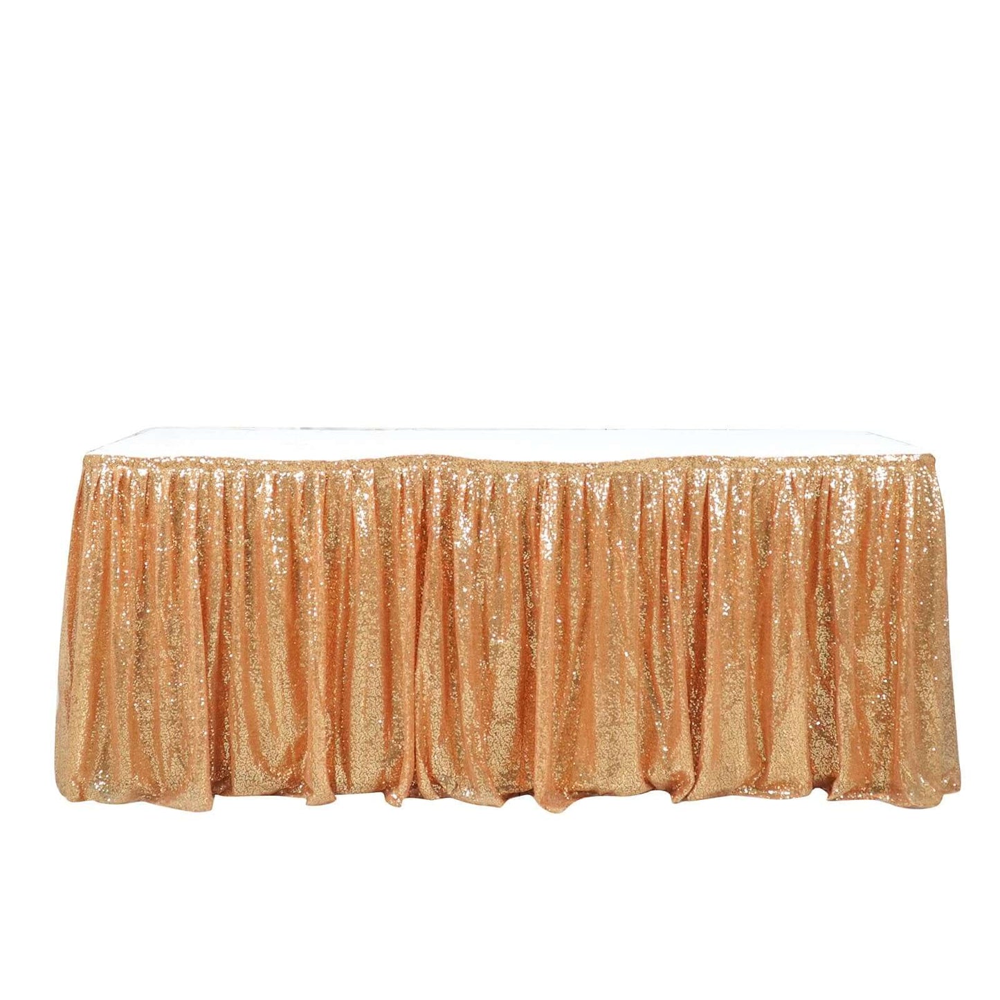 Sequin 17ft Table Skirt Gold - Pleated Satin With Top Velcro Strip - Glitzy Event Decoration