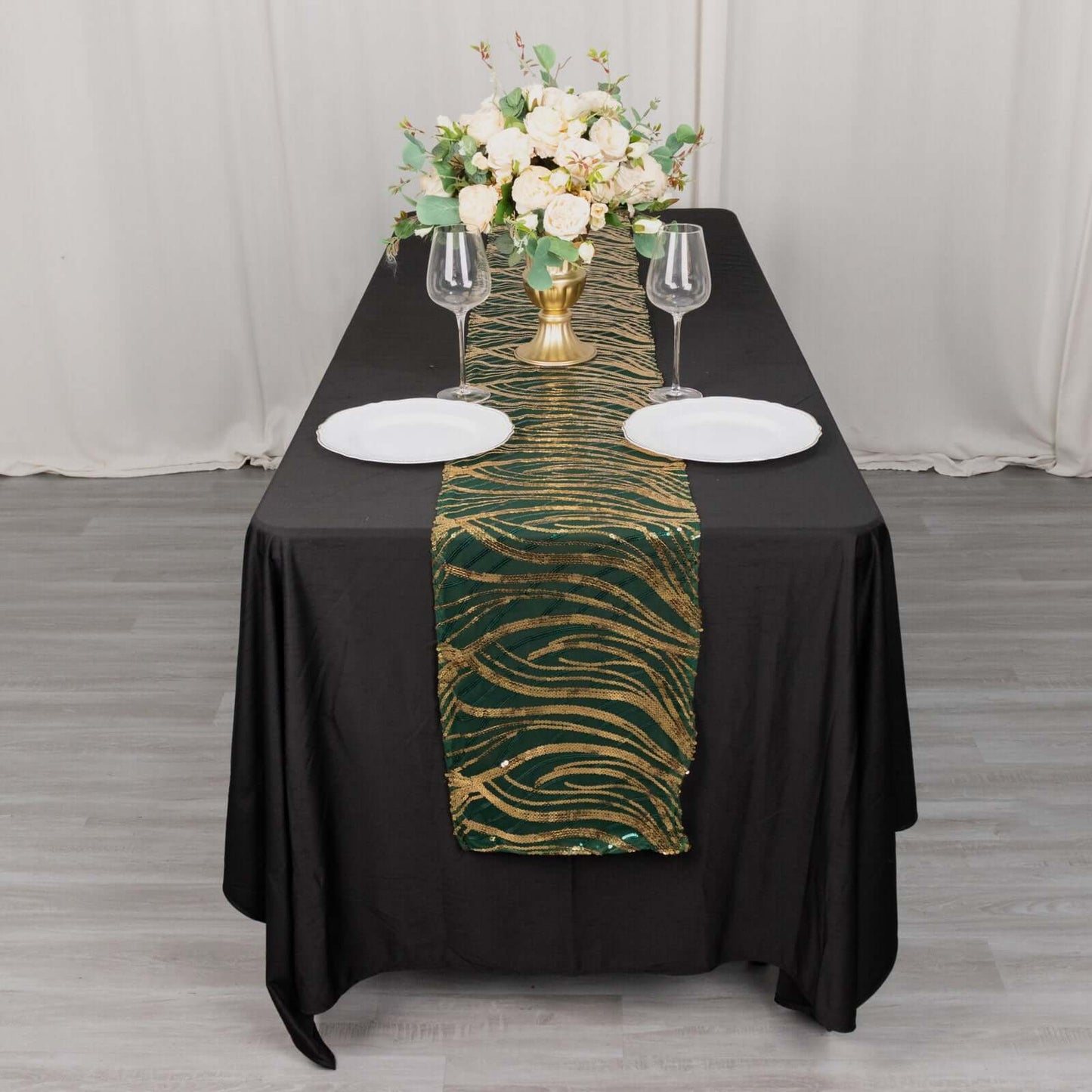 Sequin Mesh 12"x108" Table Runner Hunter Emerald Green/Gold Stylish Wave Embroidery