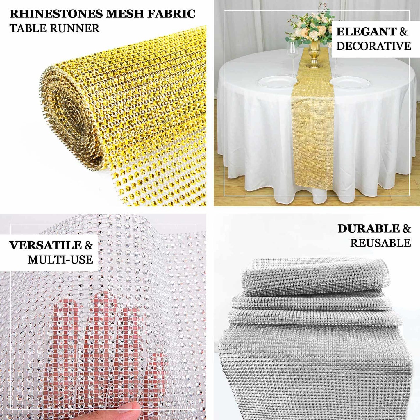 Crystal Rhinestone 10"x108" Table Runner Gold - Luxe Shiny Diamond Mesh Bling Table Runner Roll