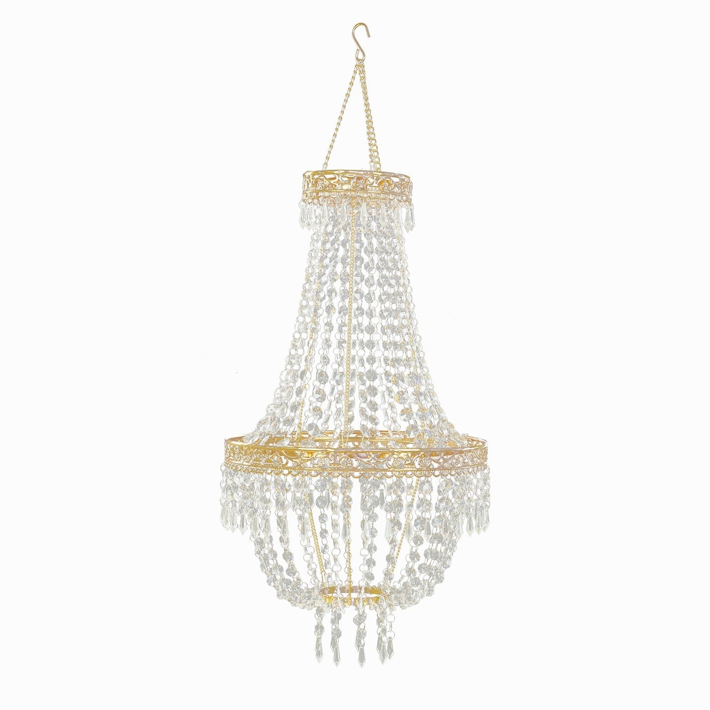 2ft Empire Style Beaded Crystal Chandelier with Gold Ornate Metal Frame, Adjustable Hanging Farmhouse Pendant Ceiling Lighting