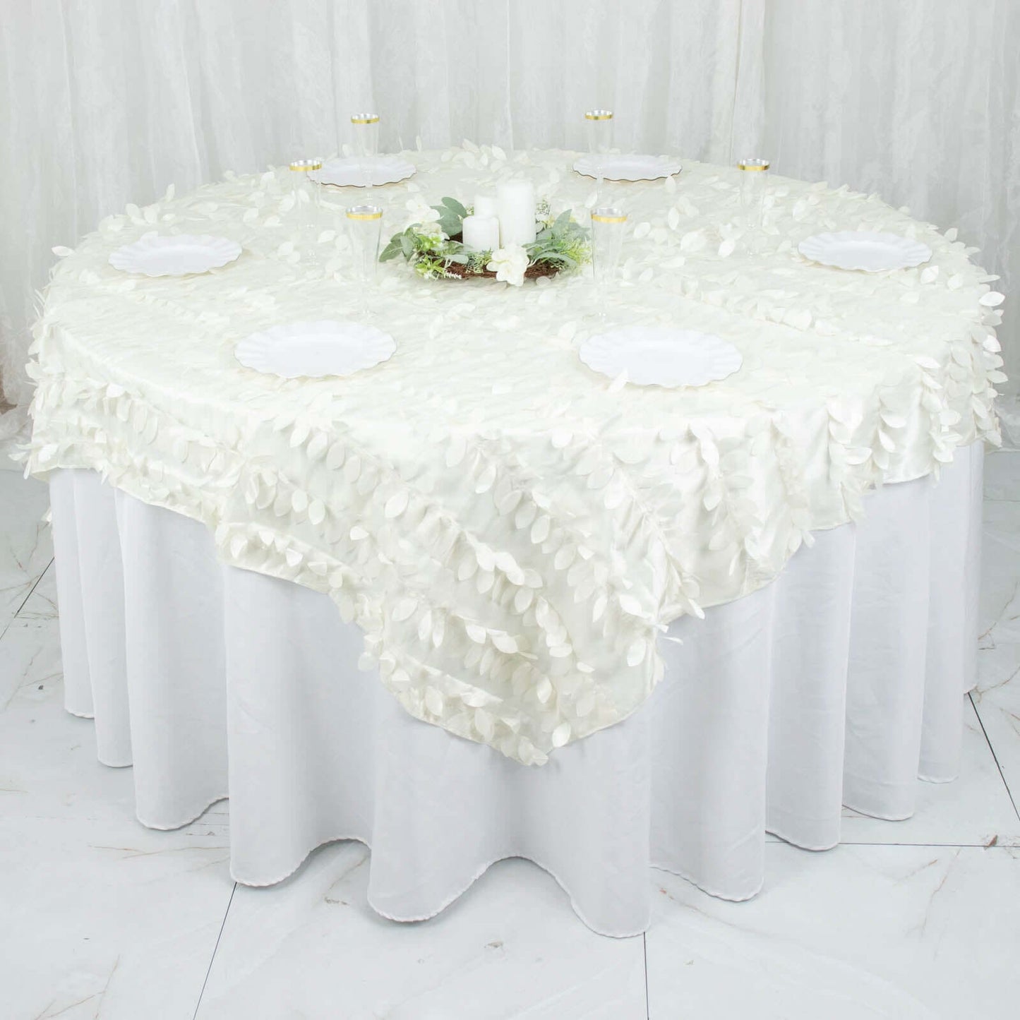 Taffeta 72"x72" Table Overlay Square Tablecloth Ivory - 3D Leaf Petal Table Cover