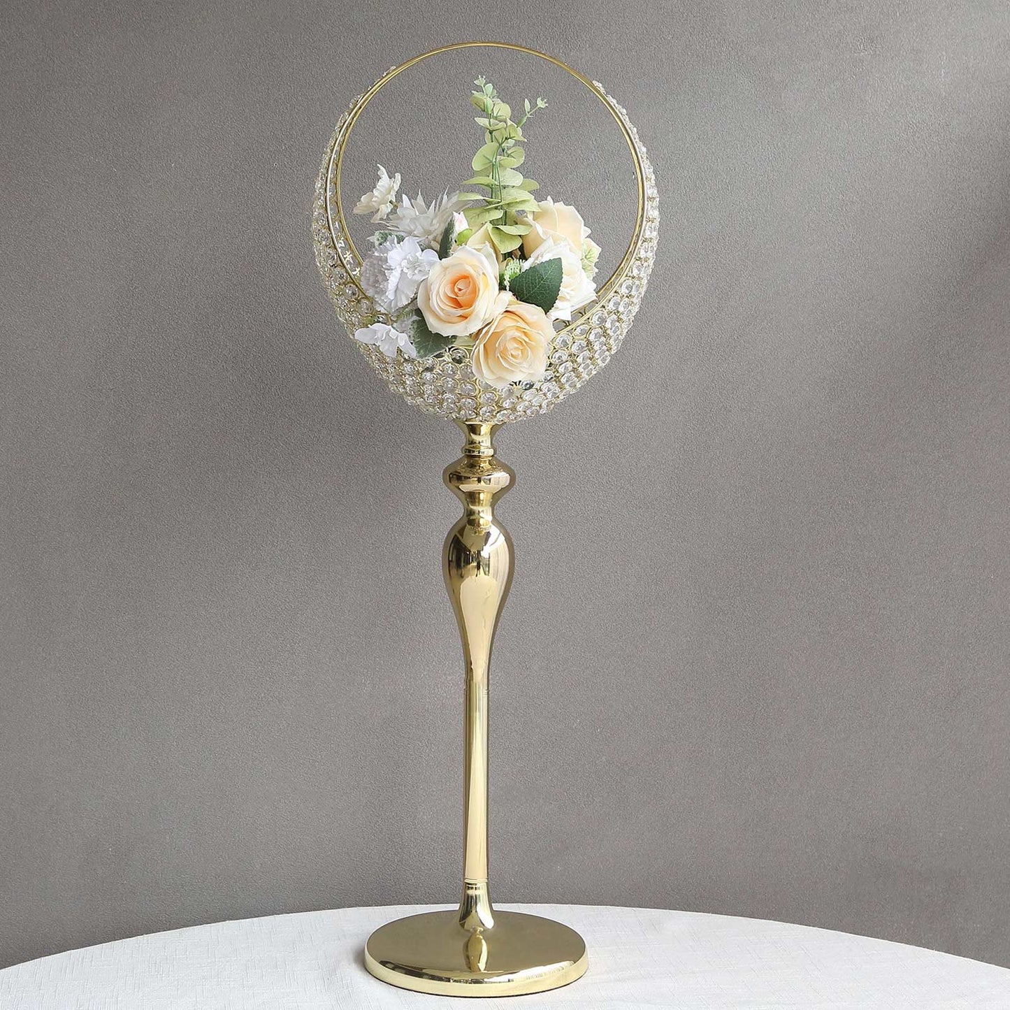 Metal Crystal Beaded Candle Holder Stand, Half Moon Basket Design Gold Wedding Flower Centerpiece with Round Stable Base 3ft Tall