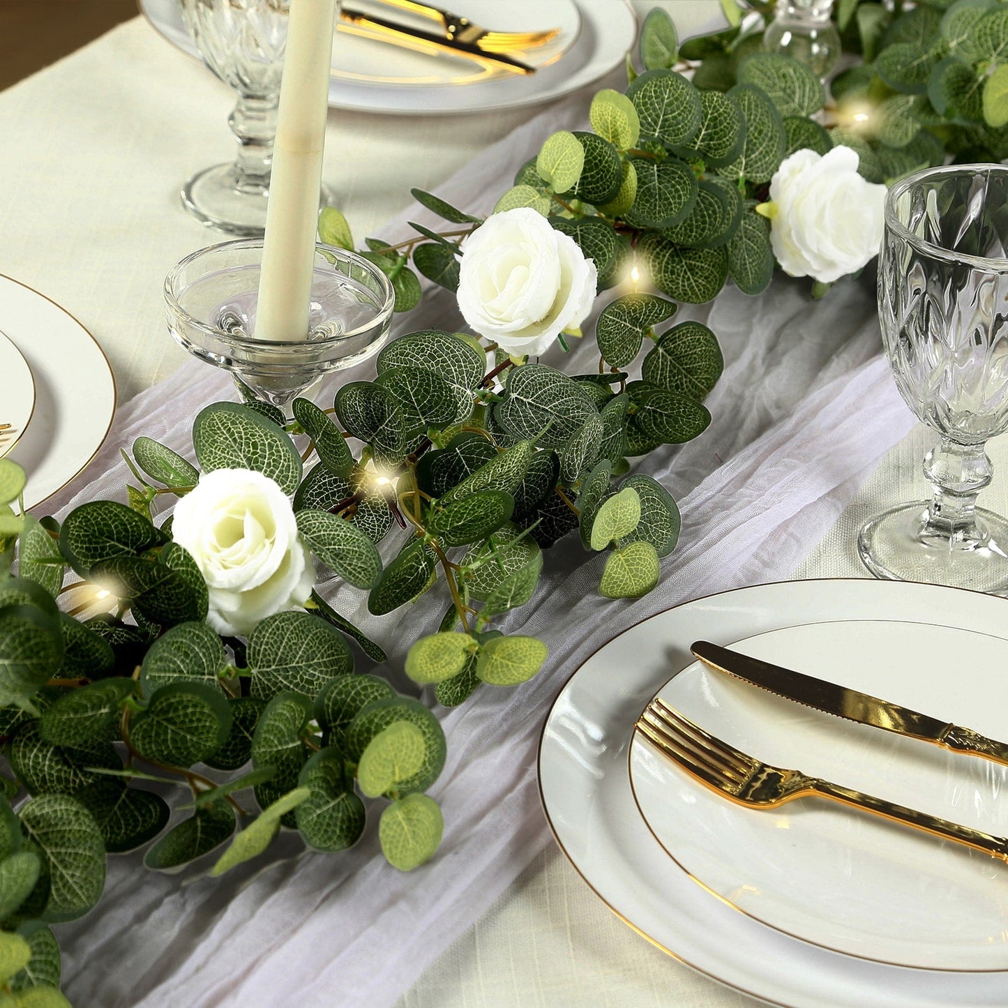 6ft Lighted Eucalyptus Garland with Ivory Roses & Battery-Operated Fairy Lights â€“ Faux Greenery Vine