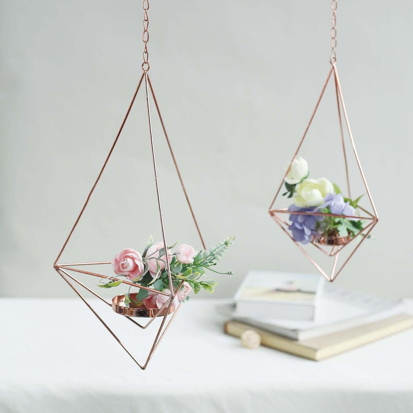 Set of 2 Hanging Tealight Candle Holders Rose Gold Metal Diamond Geometric Open Frame - Flower Terrariums 12", 15"