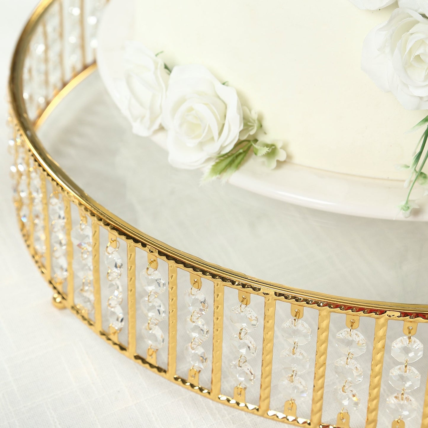 18" Round Gold Cake Stand with Hanging Crystal Beads and Glass Top â€“ Metal Dessert Display Tray