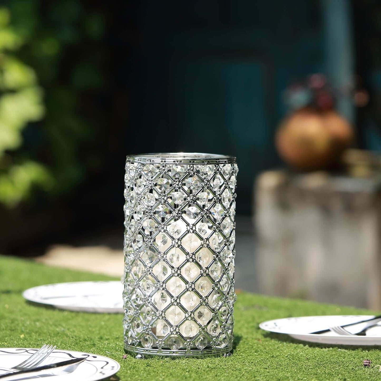 2-Pack Metal Crystal Beaded Pillar Holders Metallic Silver - Versatile Stem Vase Set for Decor 9"