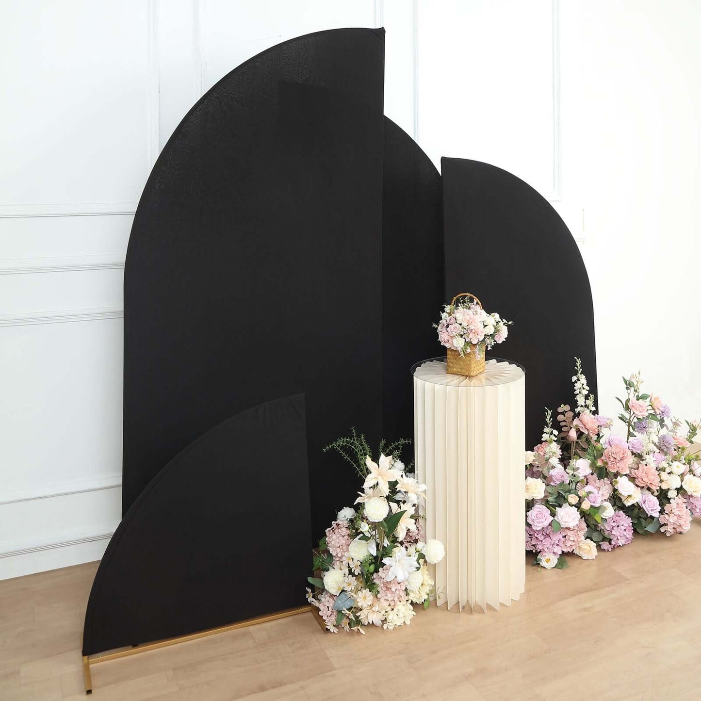 Set of 4 Matte Black Spandex Half Moon Chiara Backdrop Stand Covers, Custom Fitted Wedding Arch Covers - 2.5ft,5ft,6ft,7ft