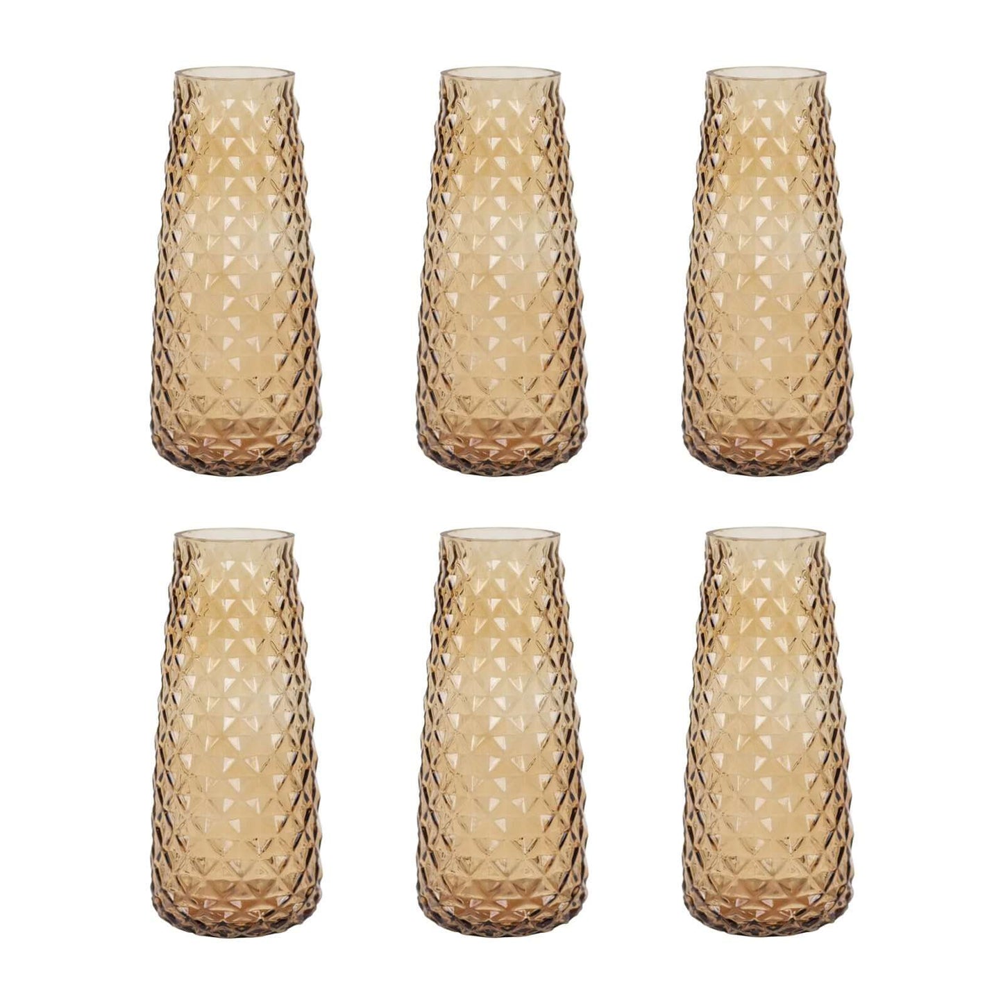 6-Pack Glass Urn Vases Amber Gold with Diamond Crystal Cut Pattern - Stylish Decorative Design for Event Decor 8.5"