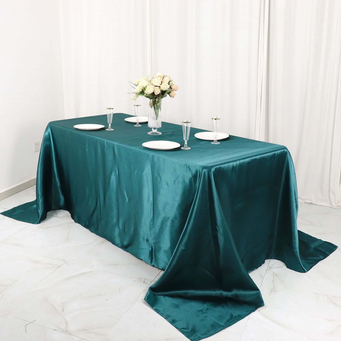 Satin Rectangular 90"x132" Tablecloth Peacock Teal - Seamless Table Cover