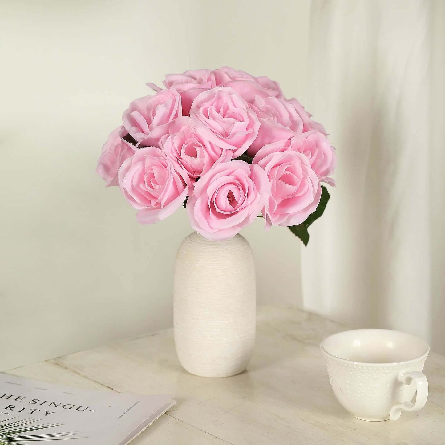 12" Pink Artificial Velvet-Like Rose Flower Bouquet