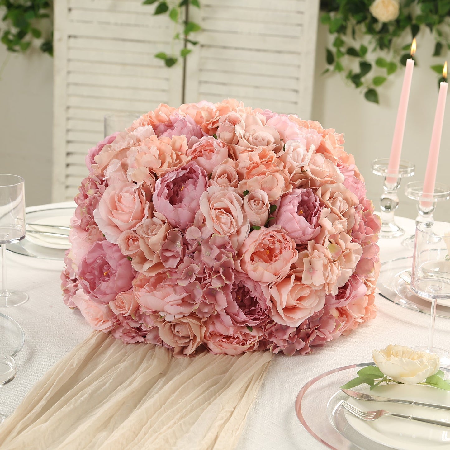 Pre-Arranged Silk Rose Wedding Centerpiece, Blush Artificial Rose Flower Balls Arrangement Table Decor - 20"