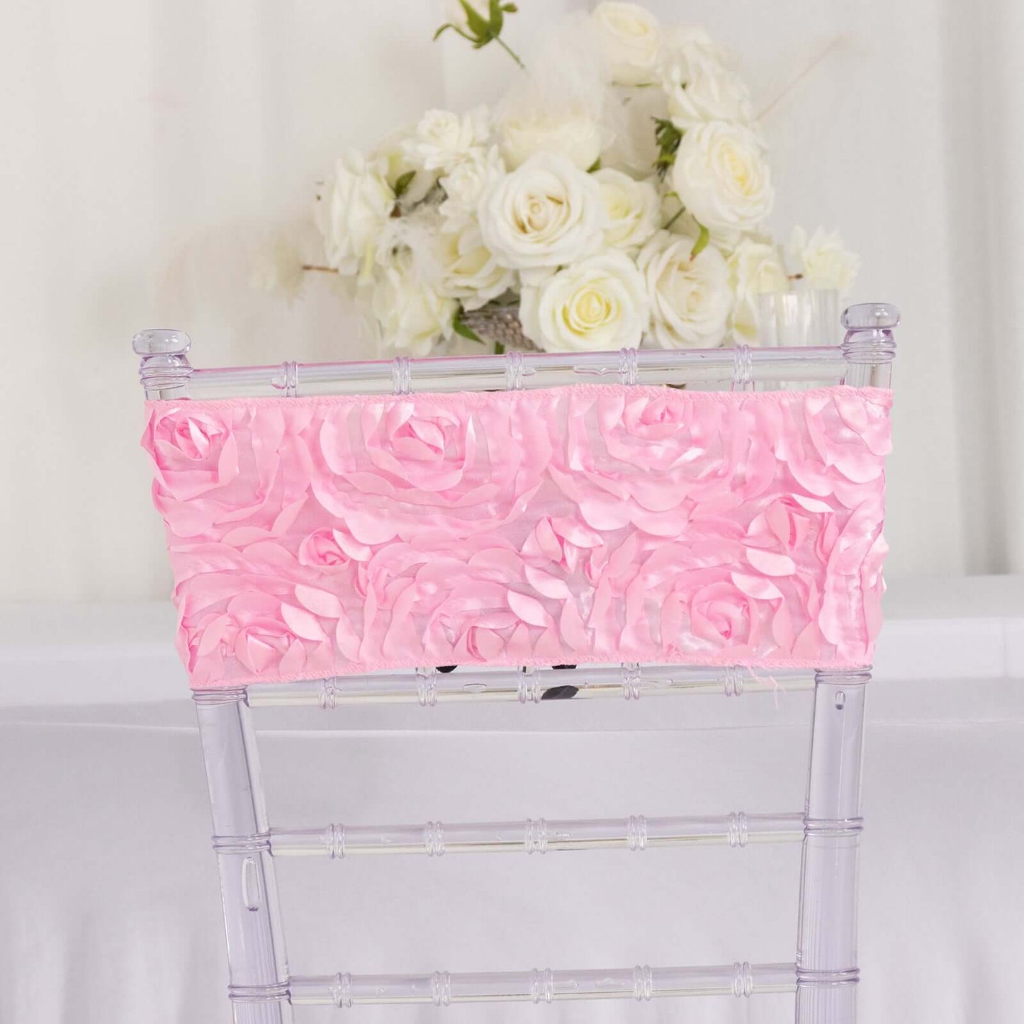 5 Pack Satin Spandex Chair Sashes Pink - Rosette Design Stretch Chair Bands 6"x14"